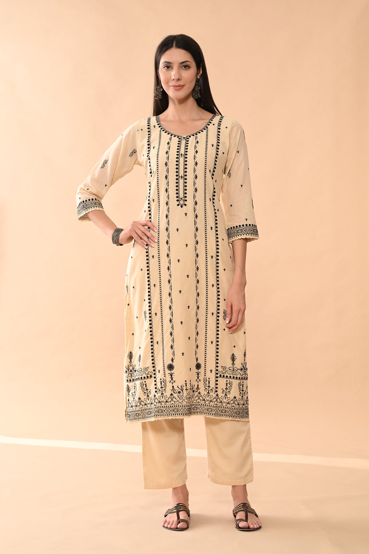 Beige Embroidered Kurta 3 Pcs Set