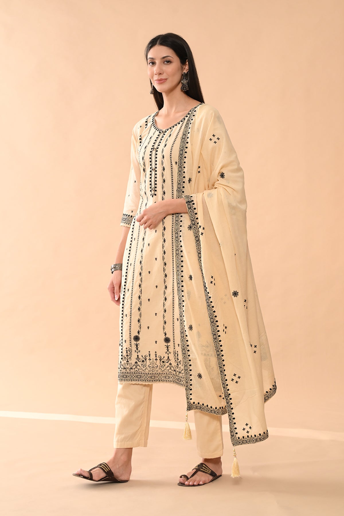 Beige Embroidered Kurta 3 Pcs Set