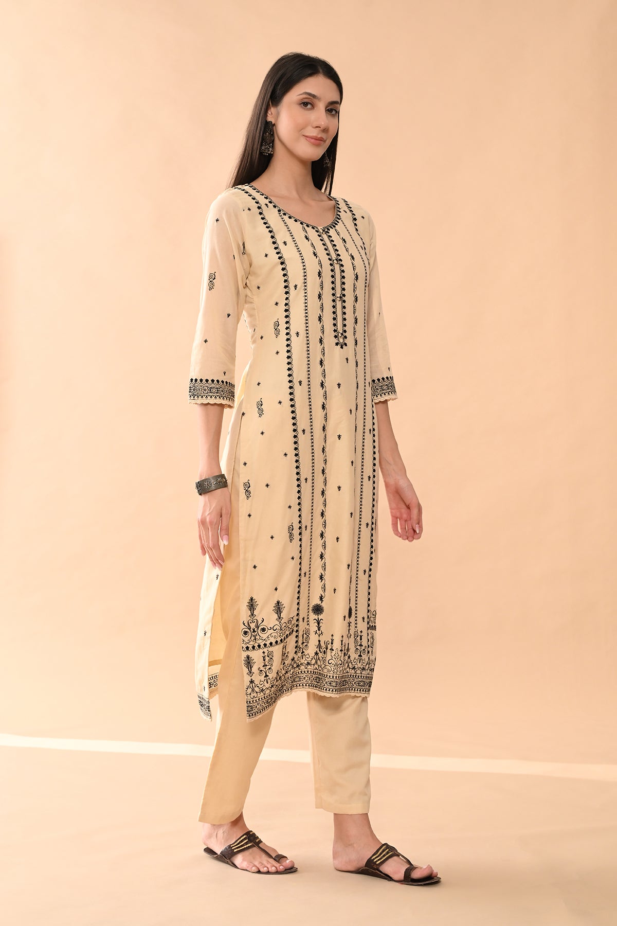 Beige Embroidered Kurta Set