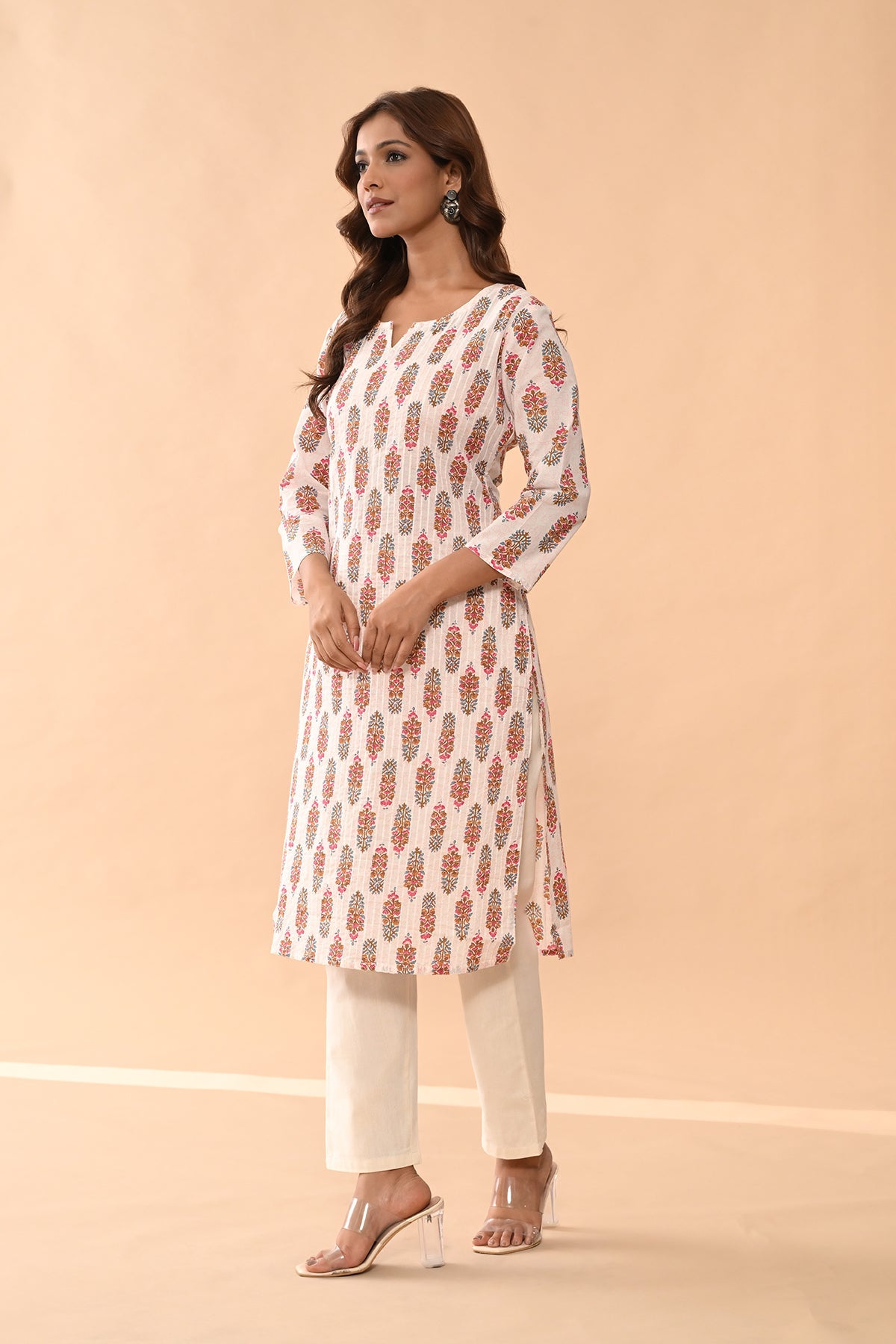 Cream Printed Straight Kurta