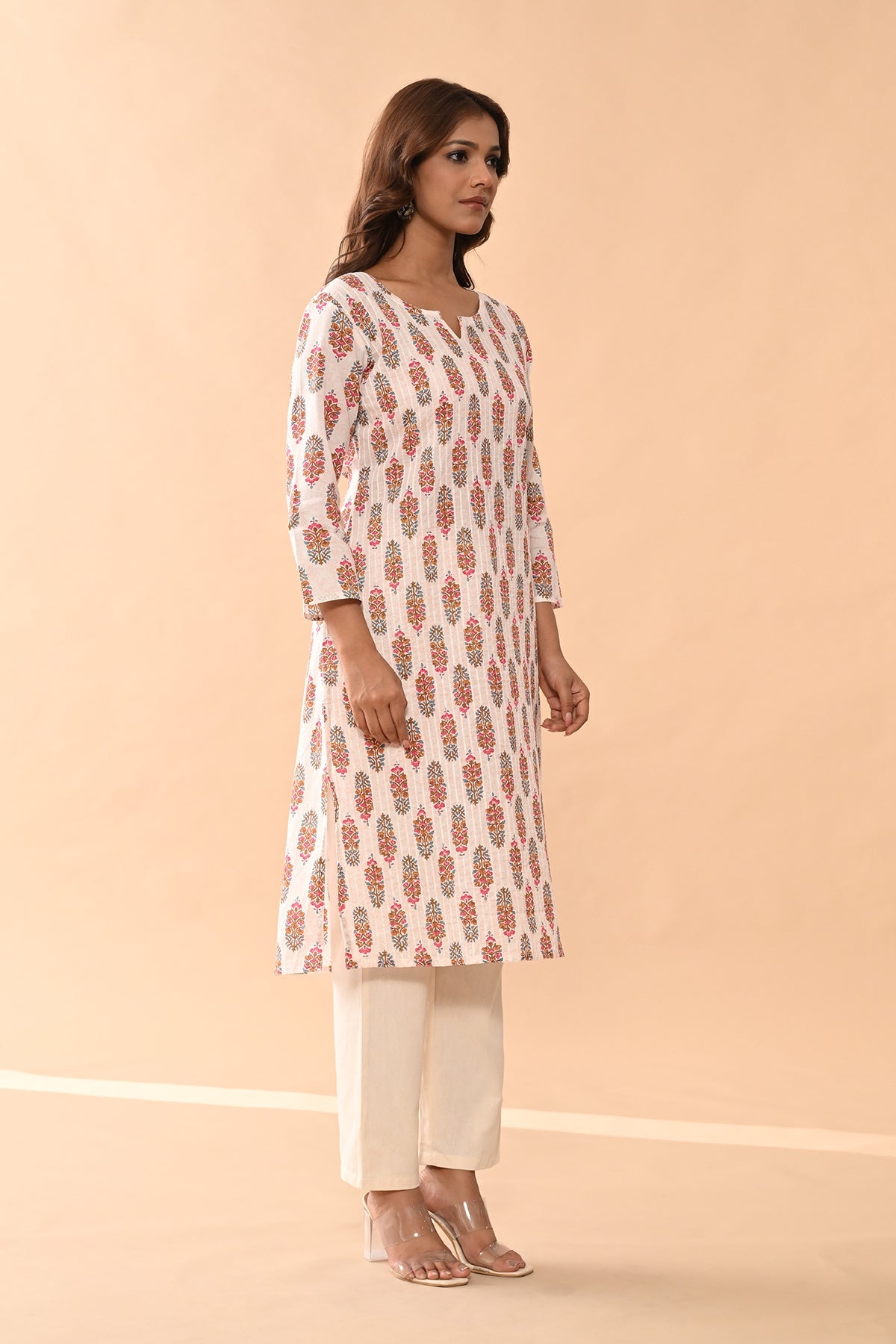 Cream Printed Straight Kurta