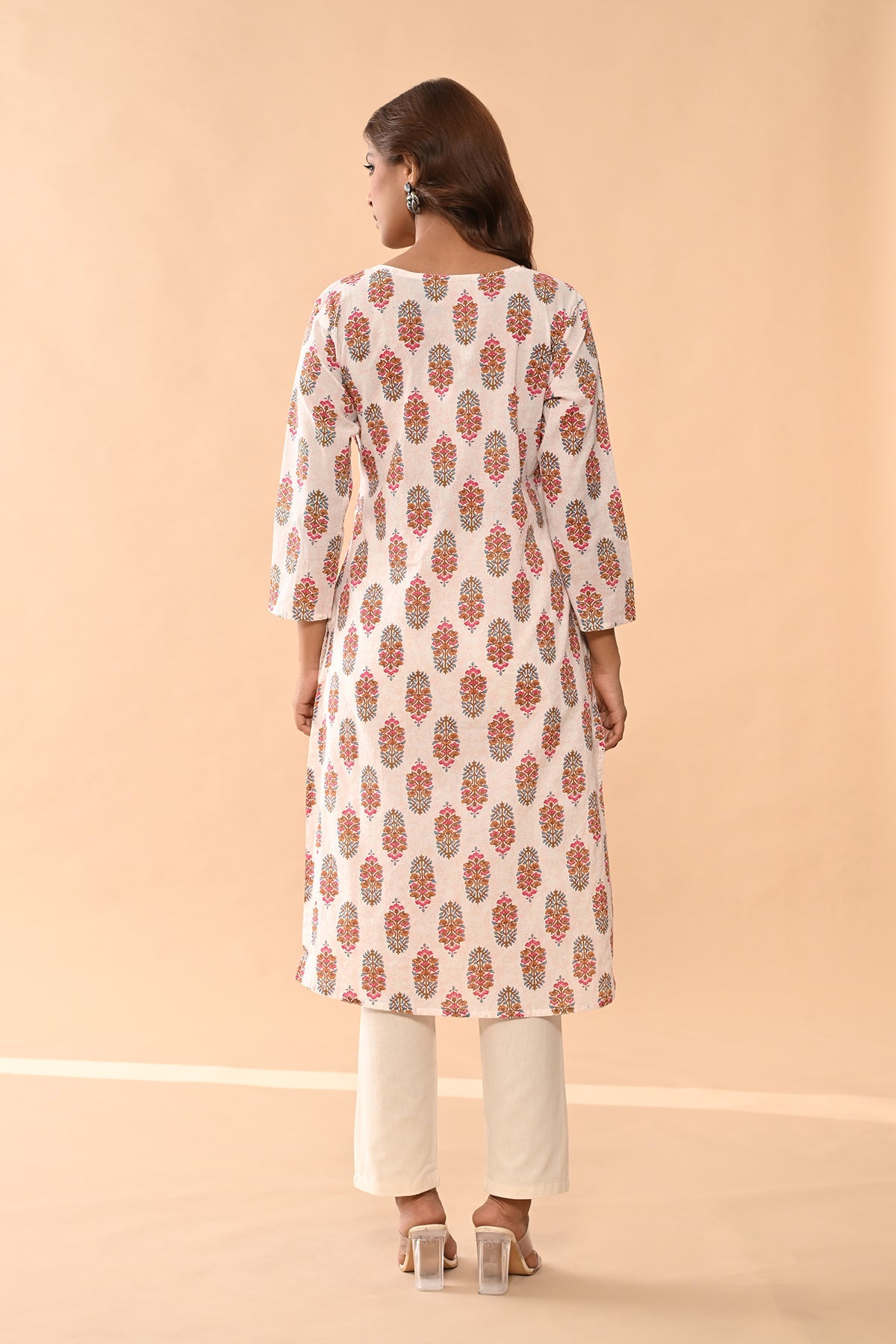 Cream Printed Straight Kurta
