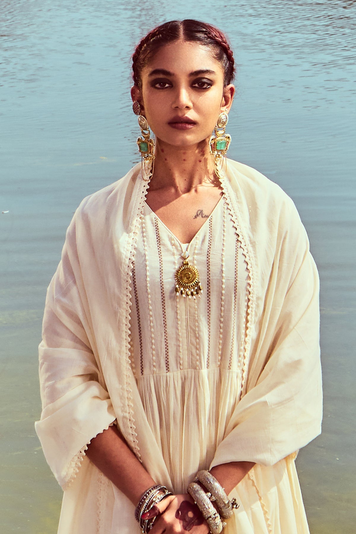 Cream Embroidered Kurta 3 Pcs Set