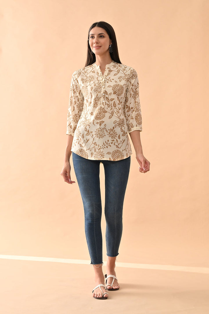 Cream Printed Straight Top