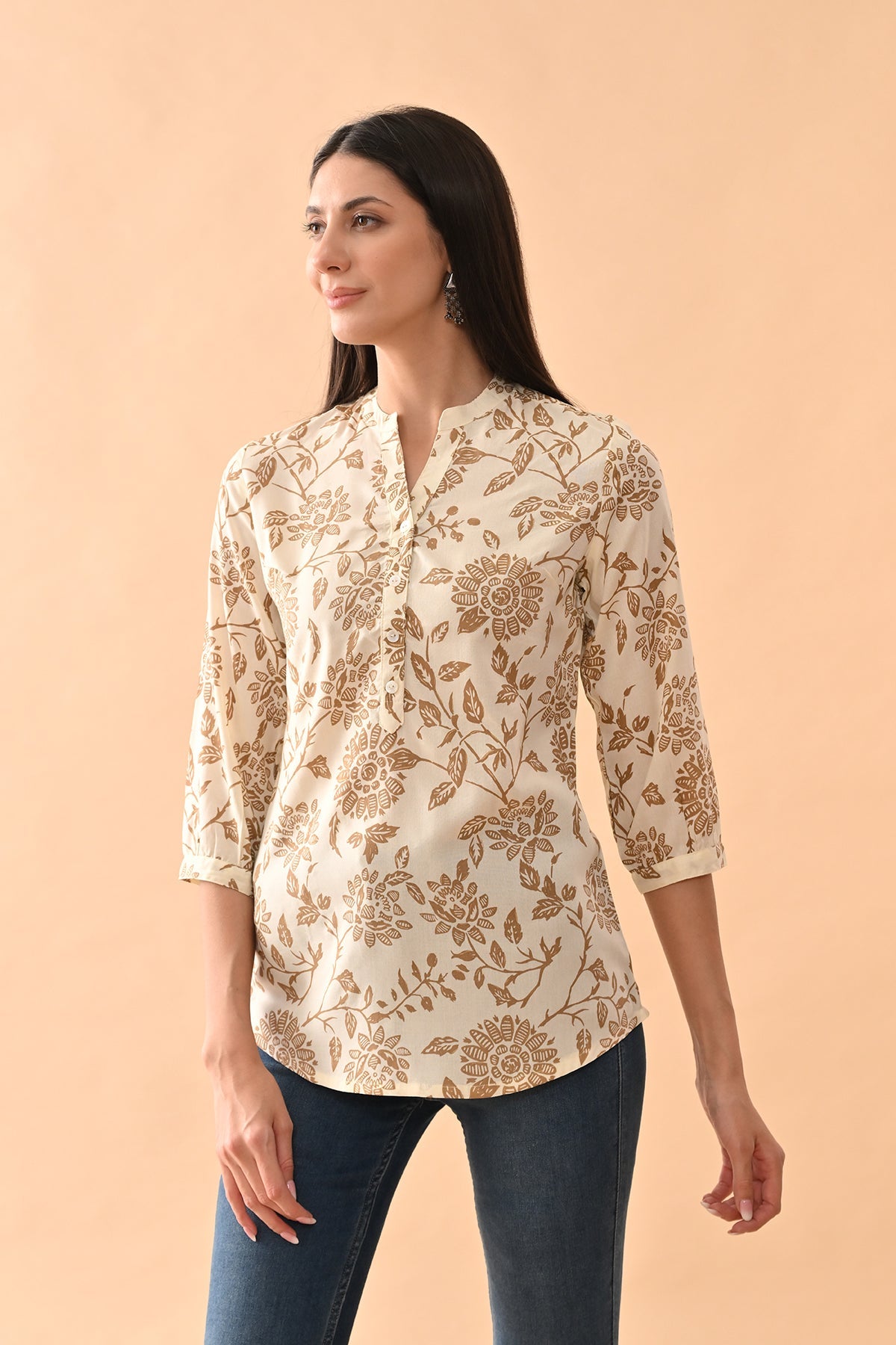 Cream Printed Straight Top