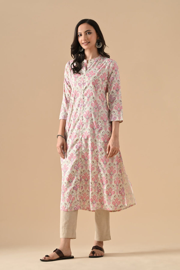 Cream Floral Printed Kurta