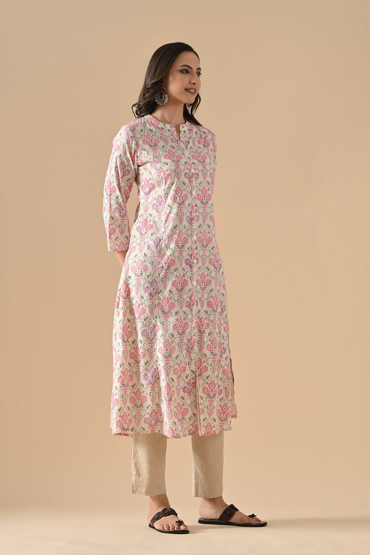 Cream Floral Printed Kurta