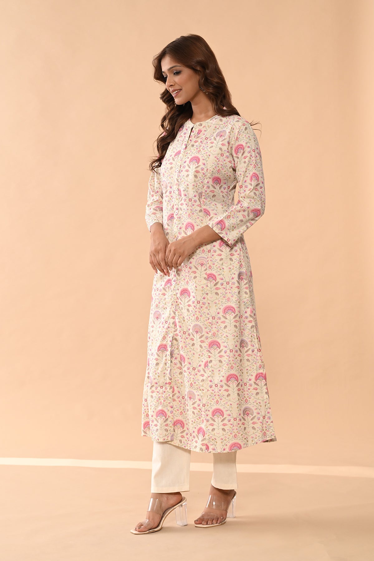 Cream Floral Printed Kurta