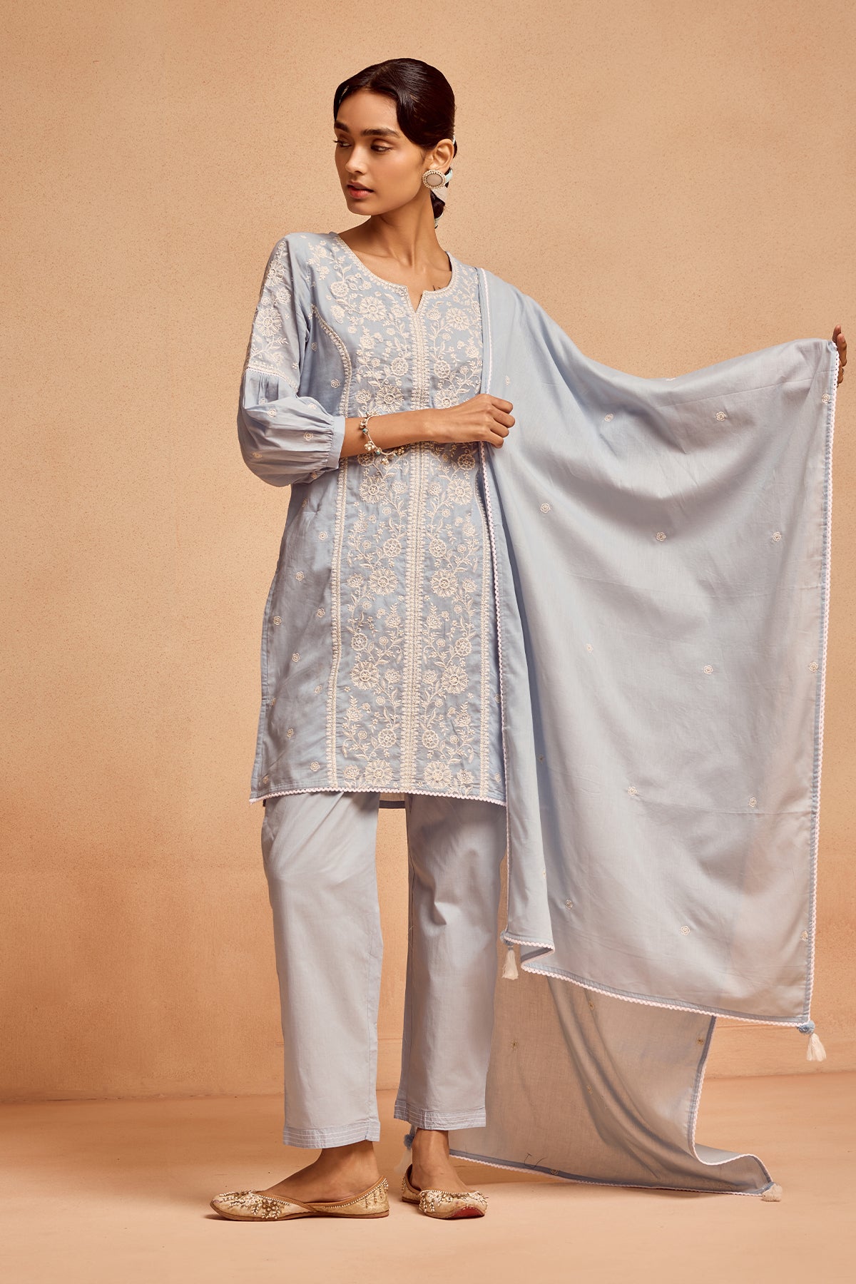 Blue Embroidered Kurta 3 Pcs Set