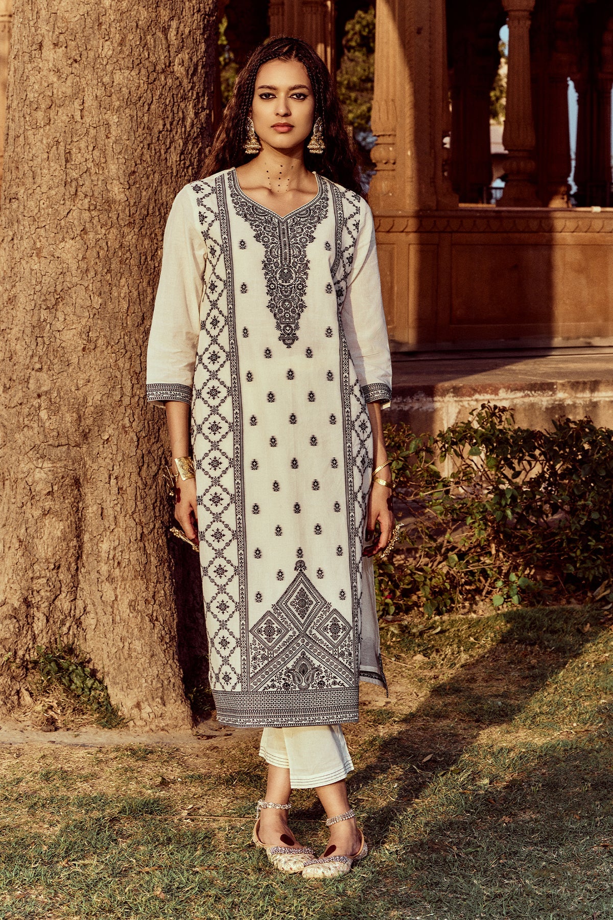 Cream Printed Kurta 3 Pcs Set