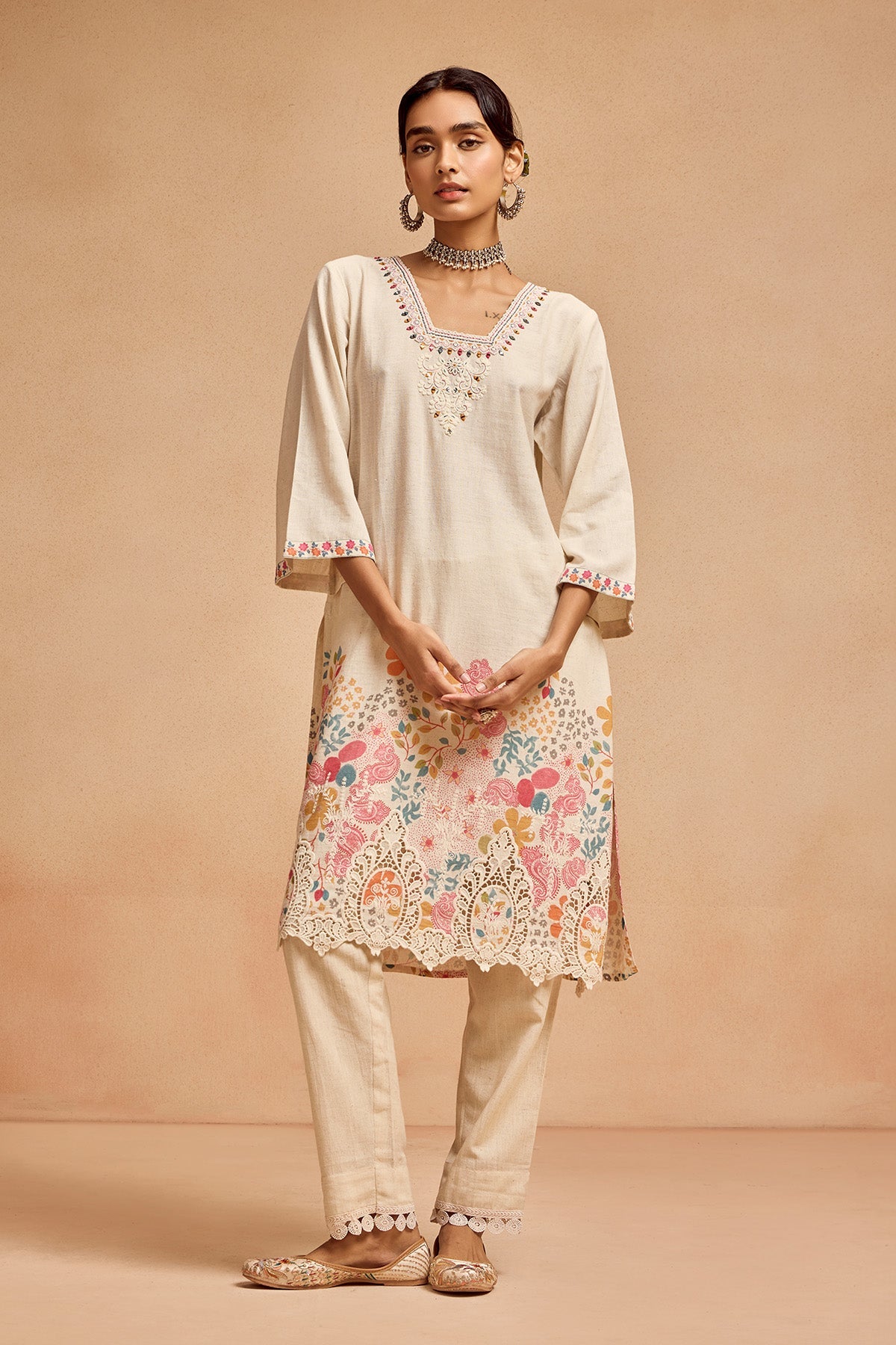 Cream Printed Kurta 2 Pcs Set