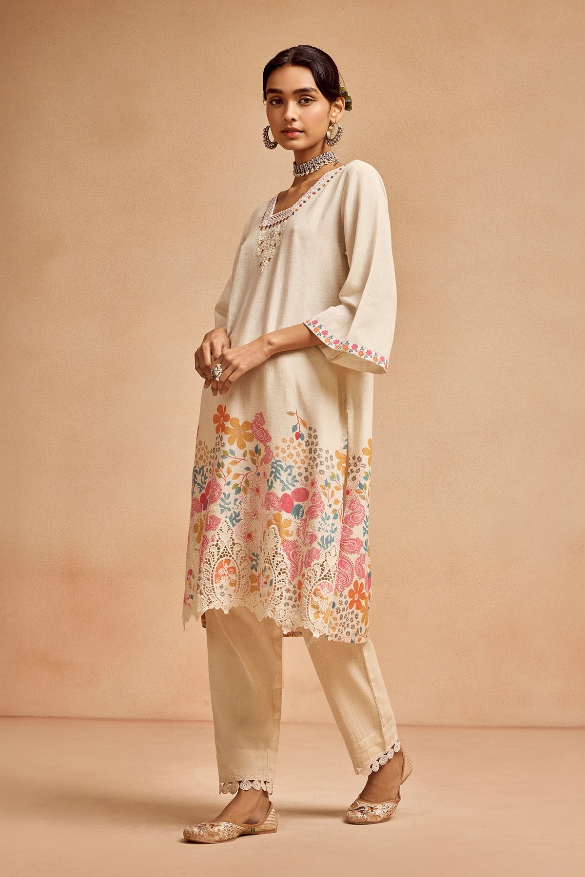 Cream Printed Kurta 2 Pcs Set