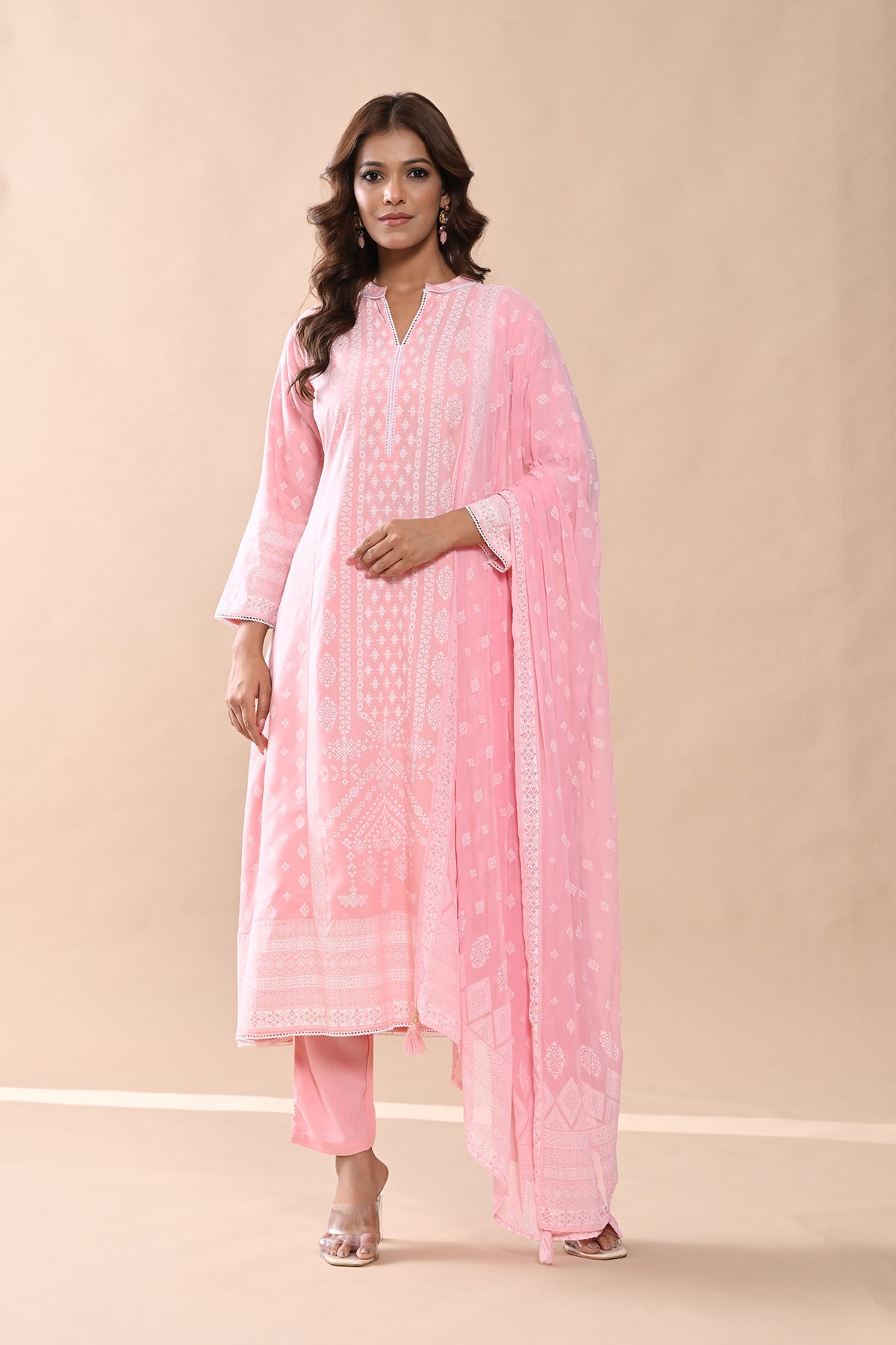 Peach Printed Kurta 3 Pcs Set