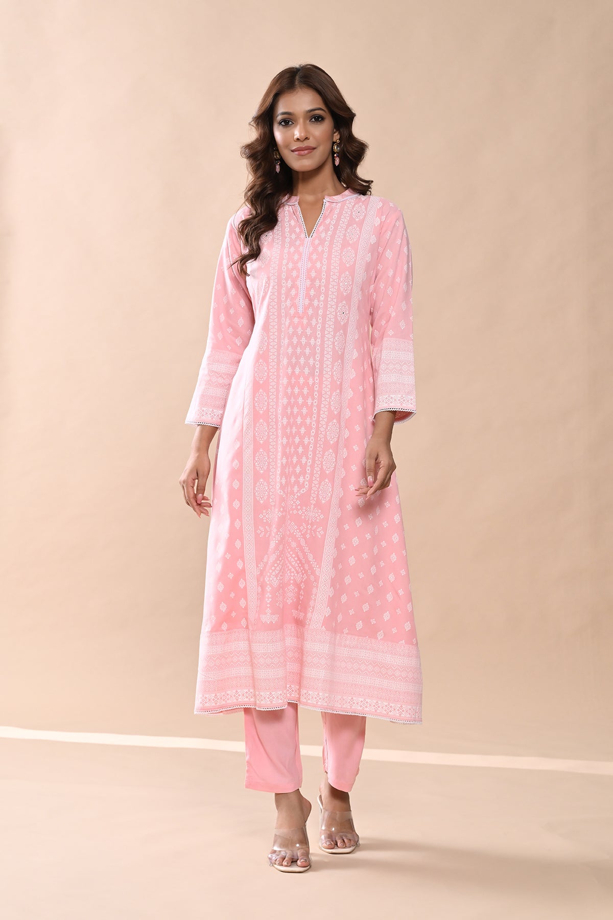 Peach Printed Kurta 3 Pcs Set