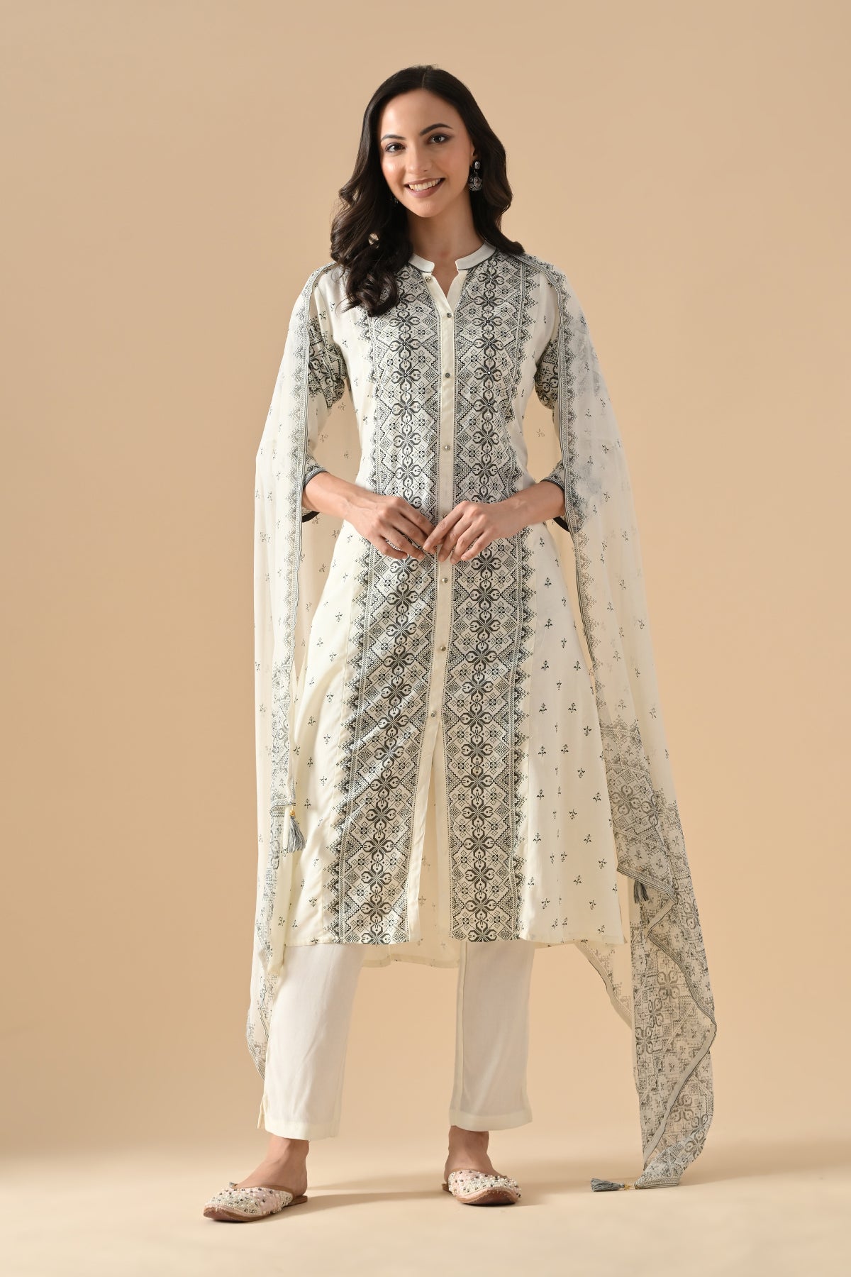 Cream Printed Kurta 3 Pcs Set