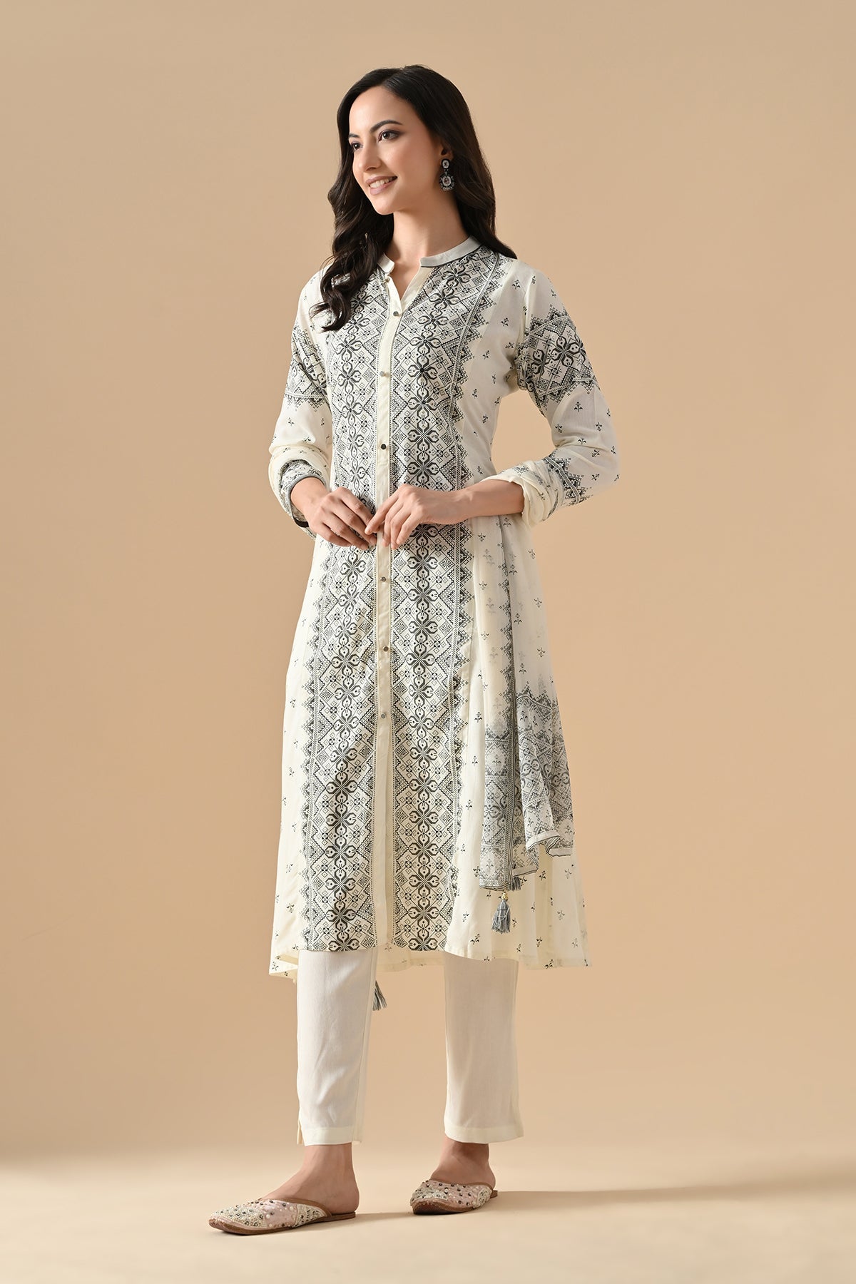 Cream Printed Kurta Set