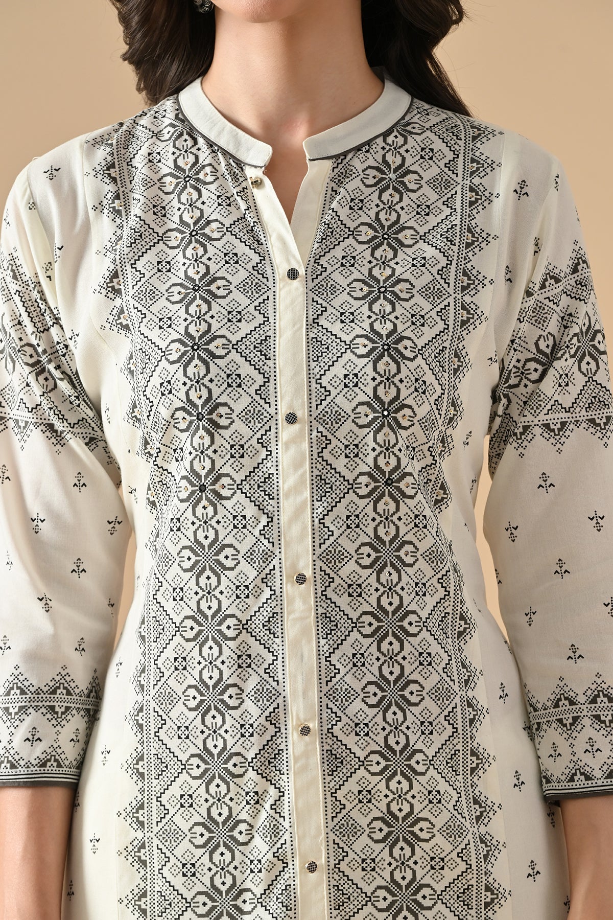Cream Printed Kurta Set