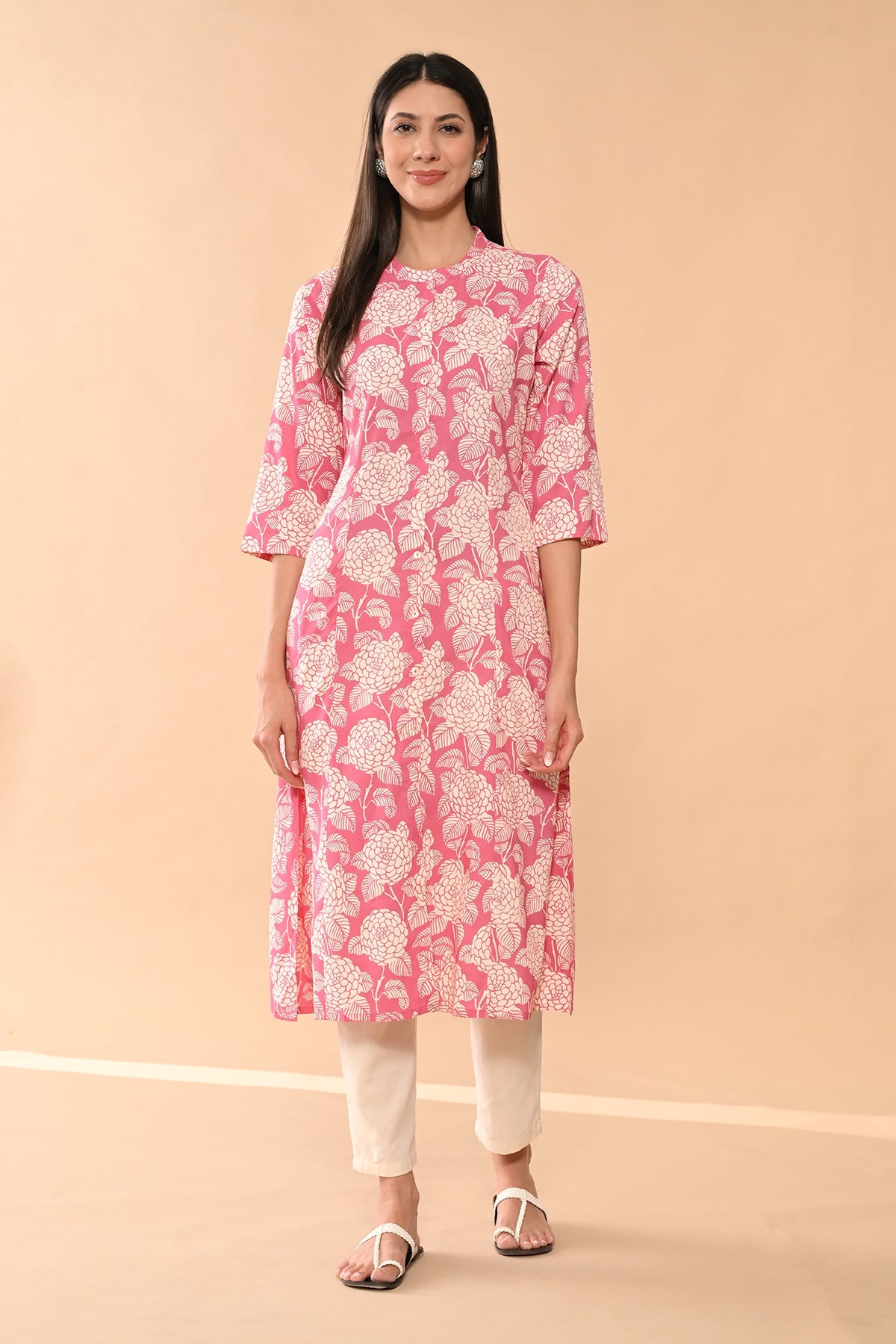 Pink Printed A-line Kurta