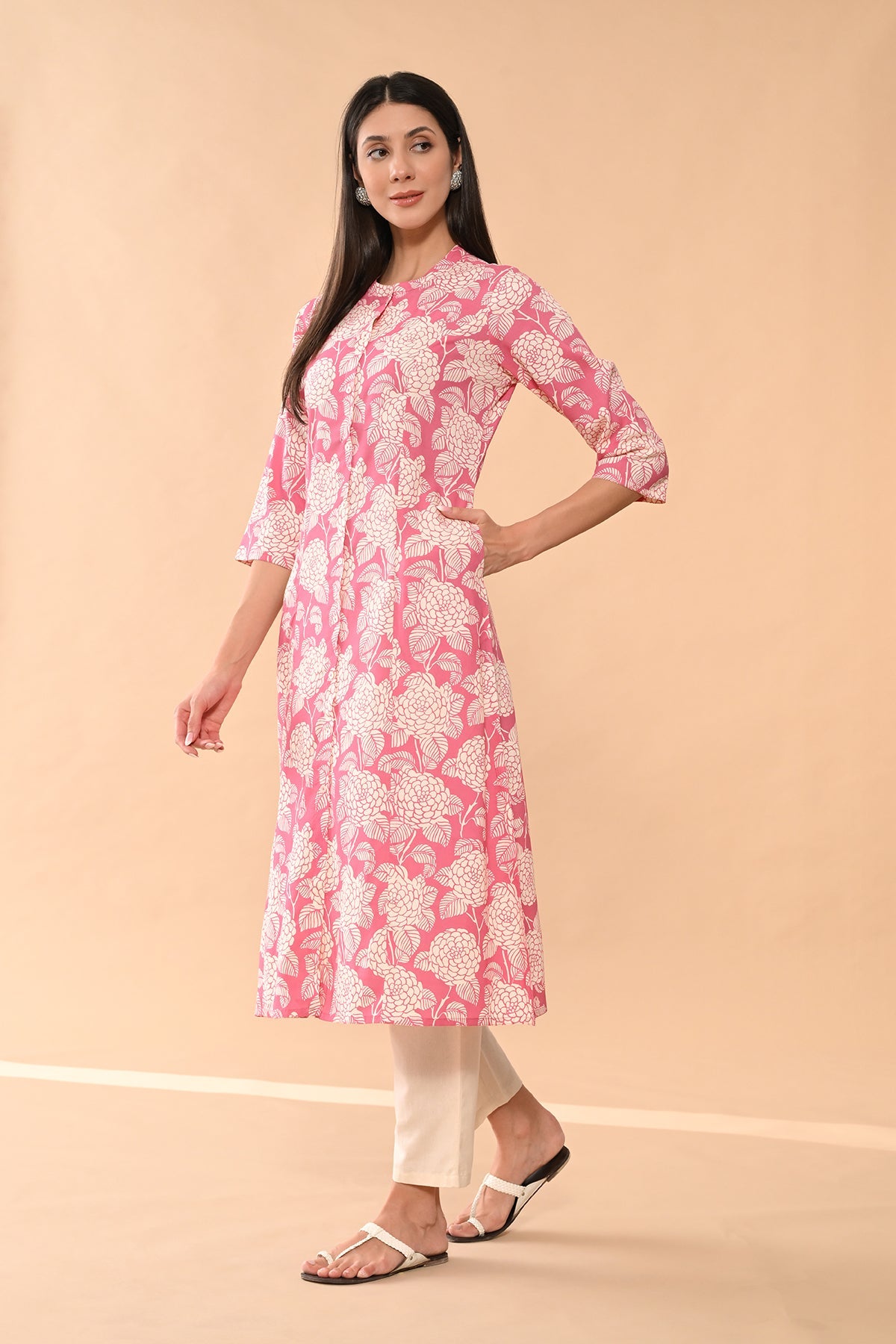 Pink Printed A-line Kurta