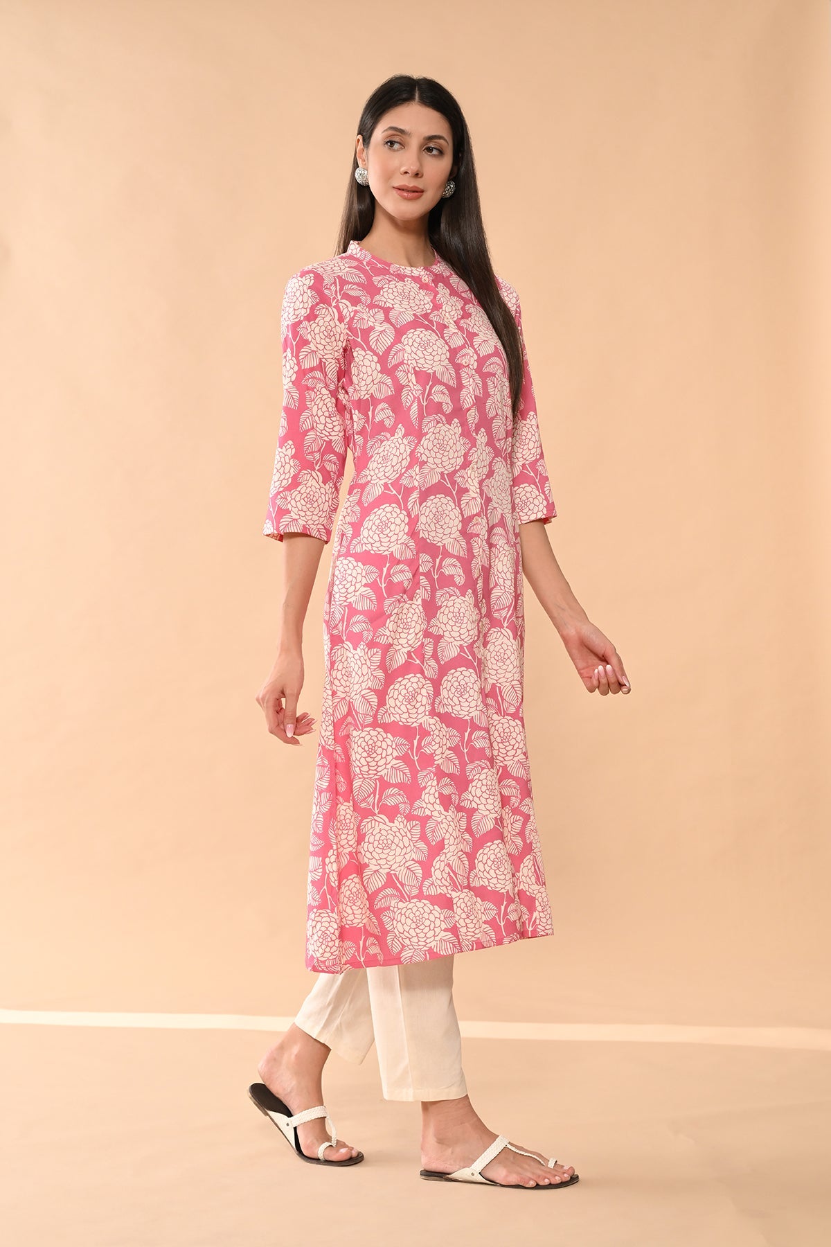 Pink Printed A-line Kurta