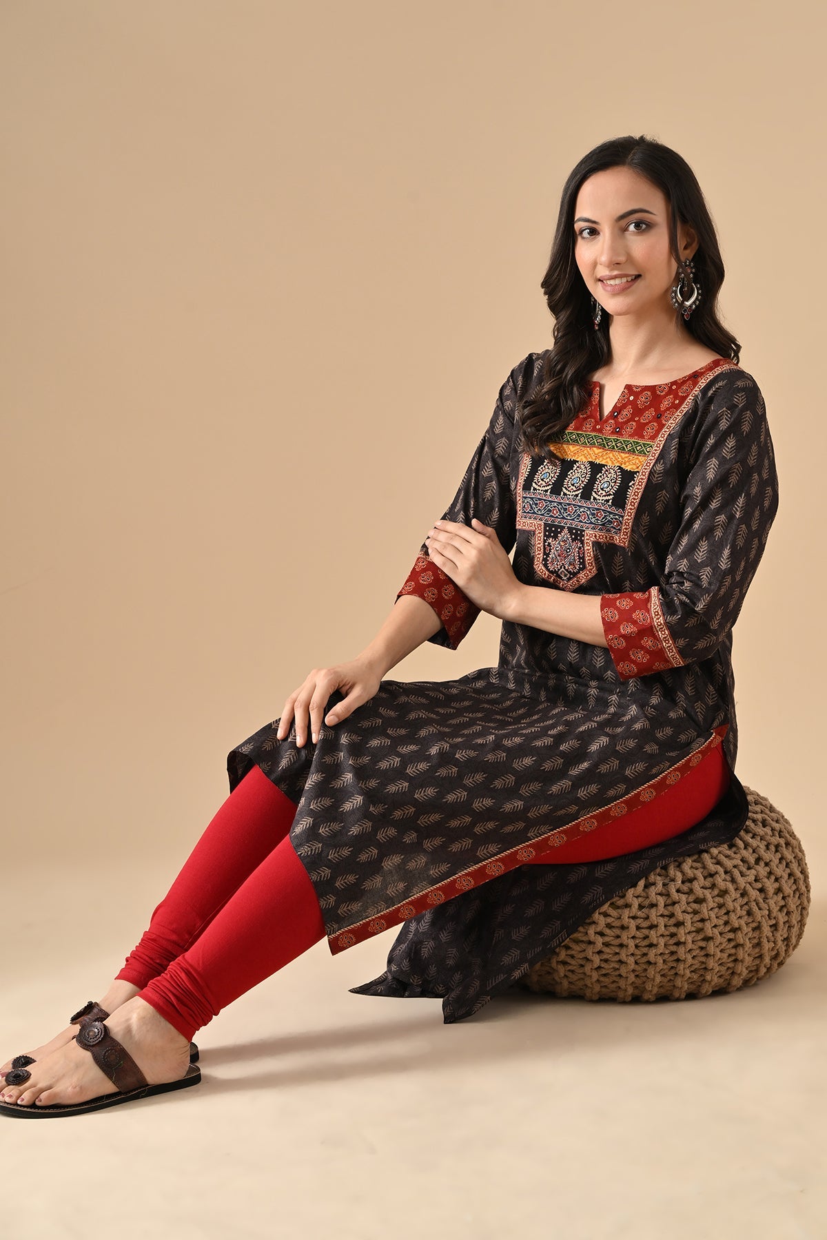 Brown Printed Straight Kurta