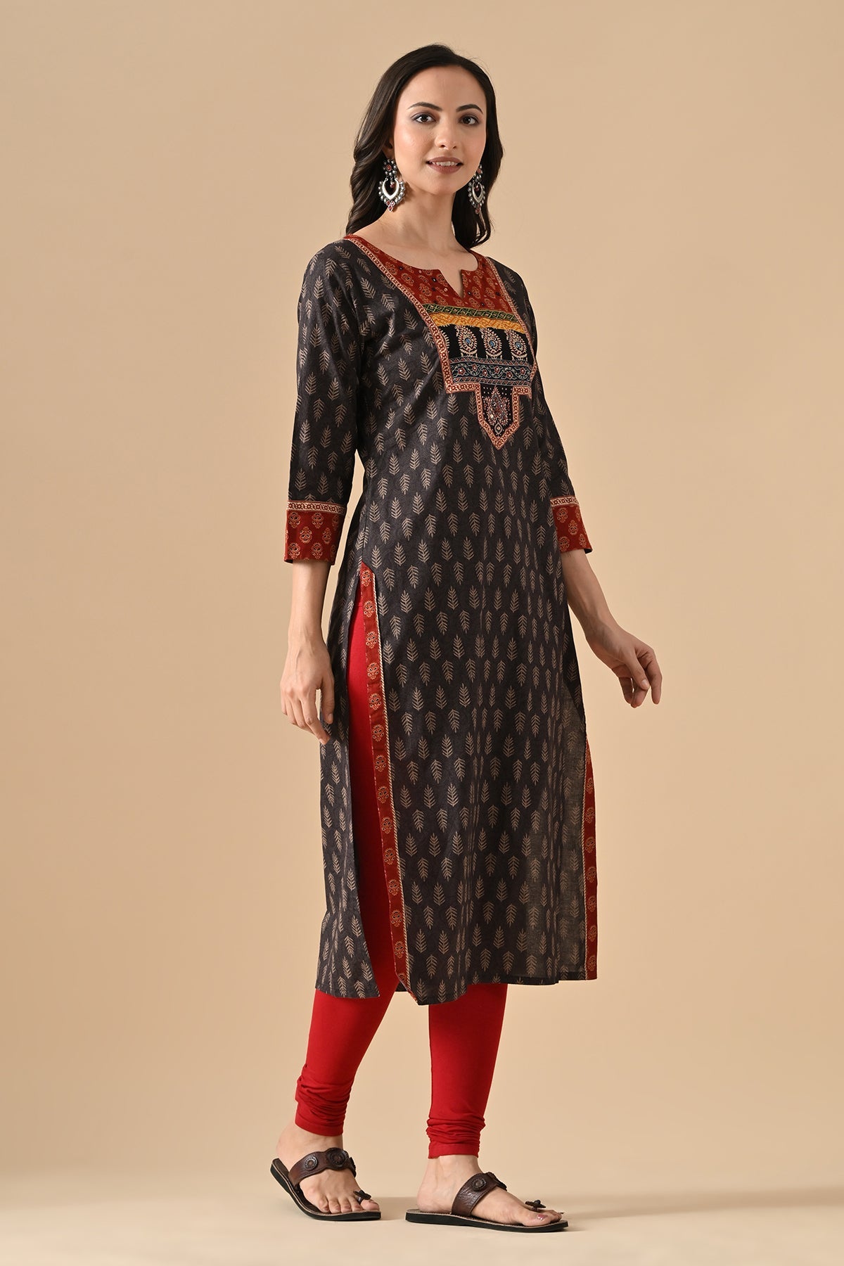 Brown Printed Straight Kurta