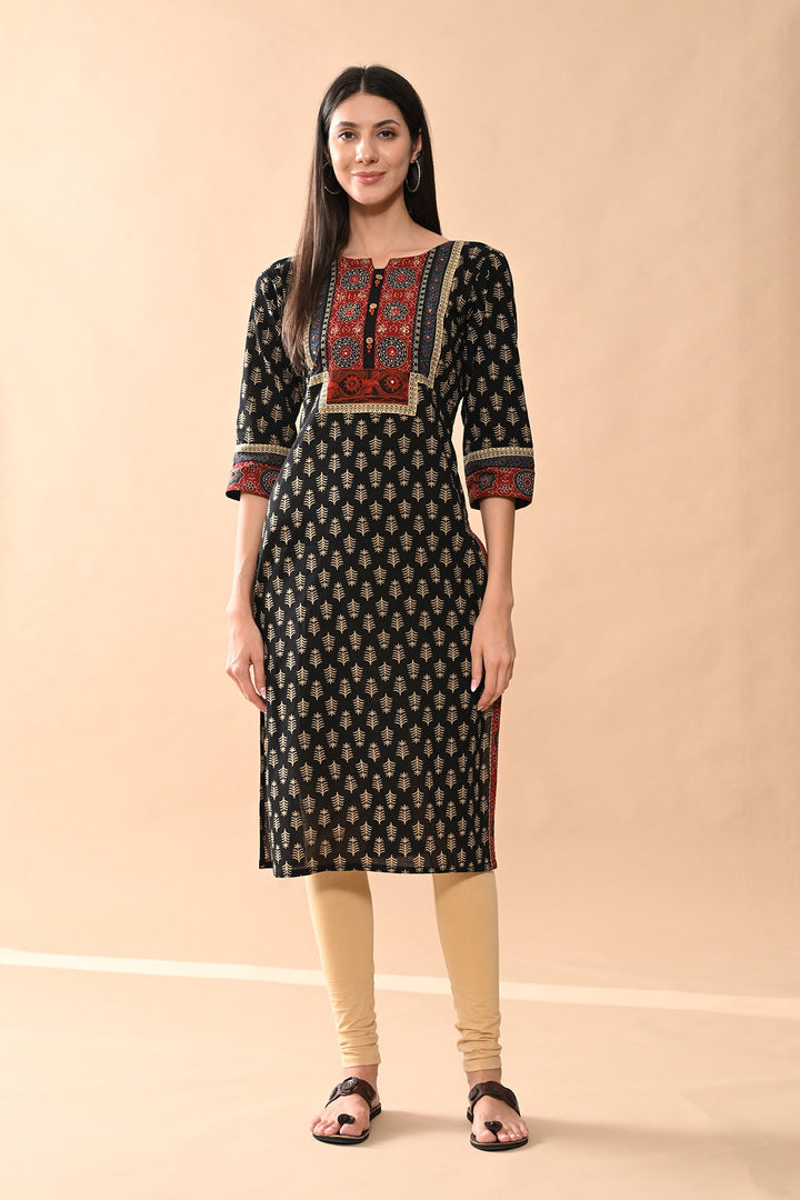 Black Printed Straight Kurta