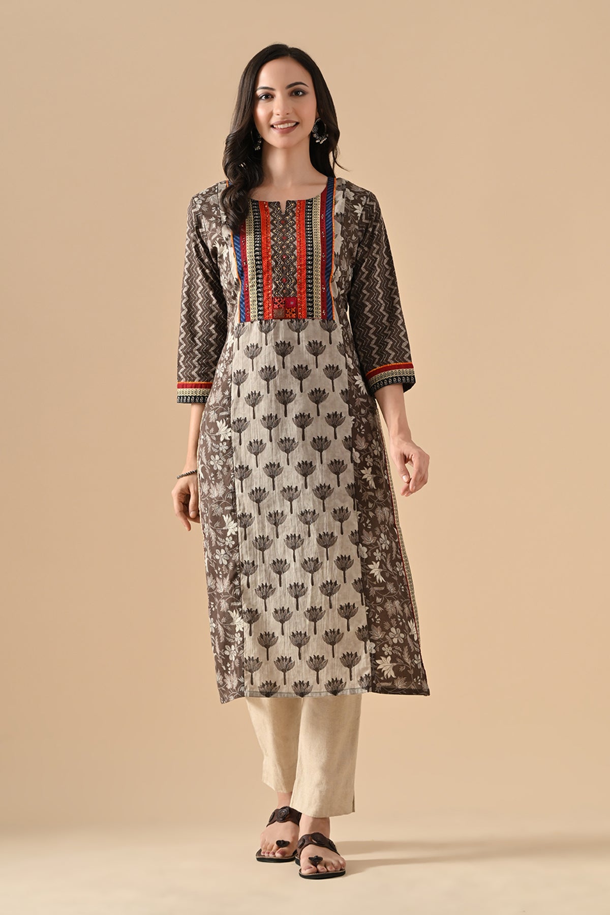 Grey Printed Straight Kurta