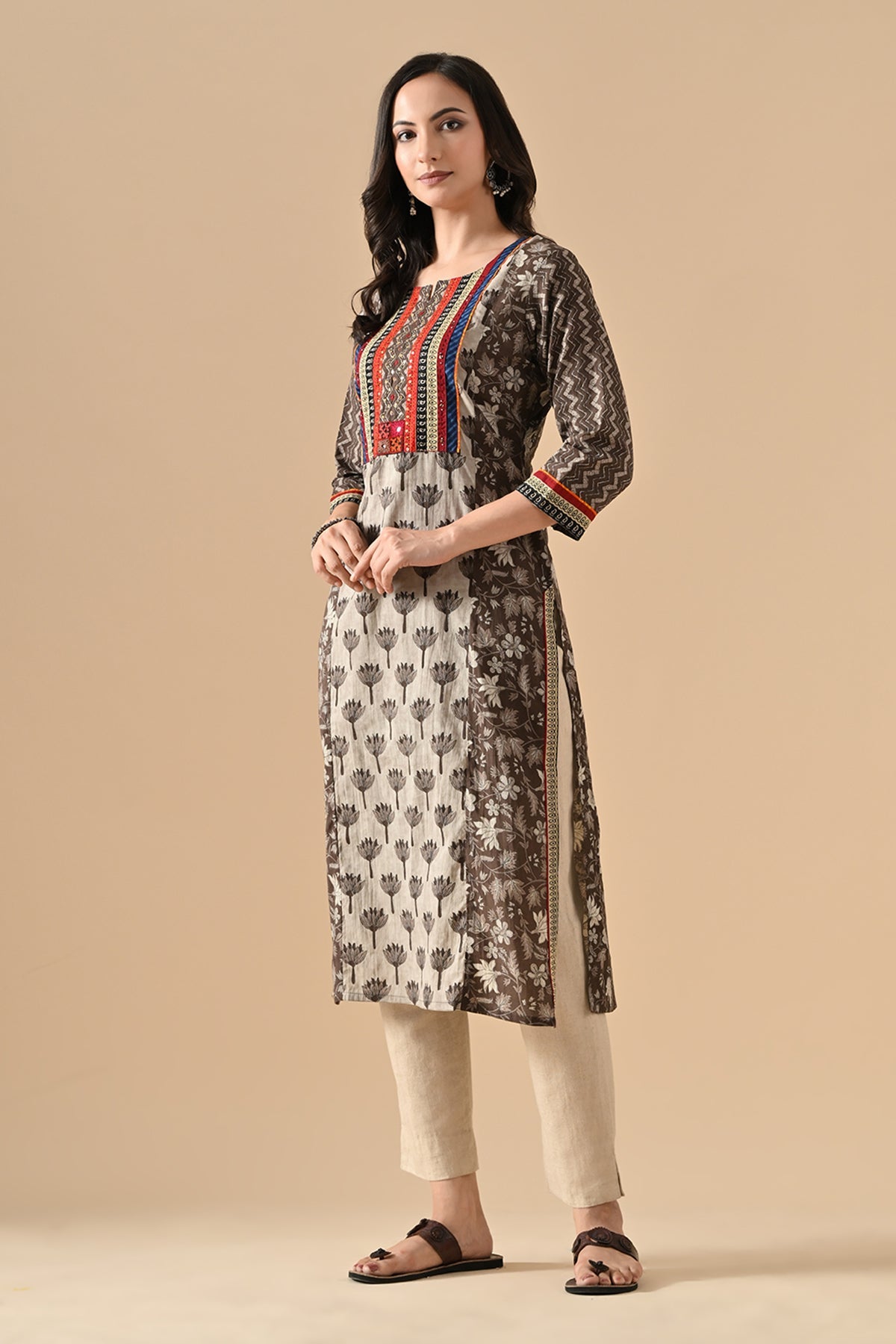 Grey Printed Straight Kurta
