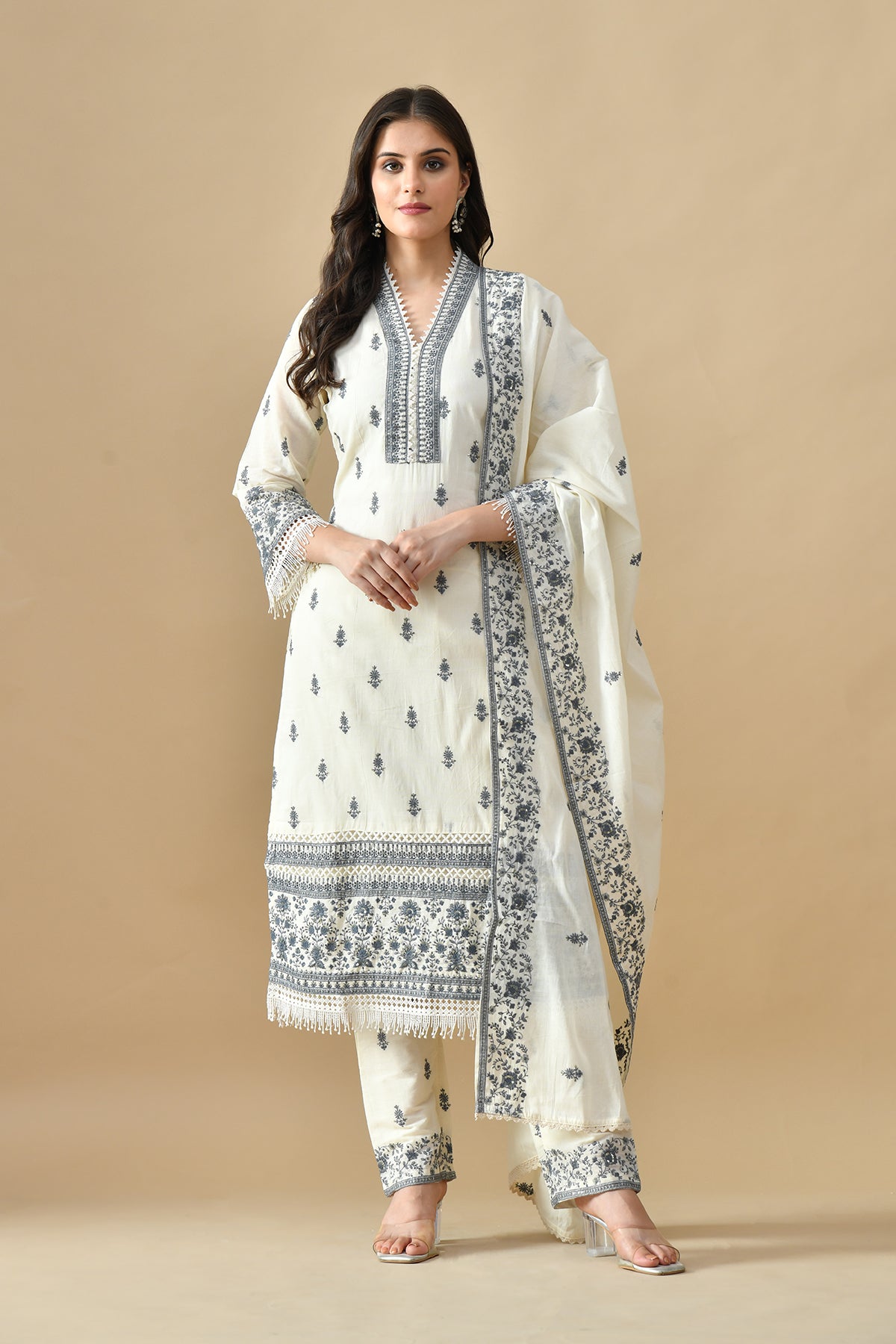 Cream Embroidered Kurta 3 Pcs Set