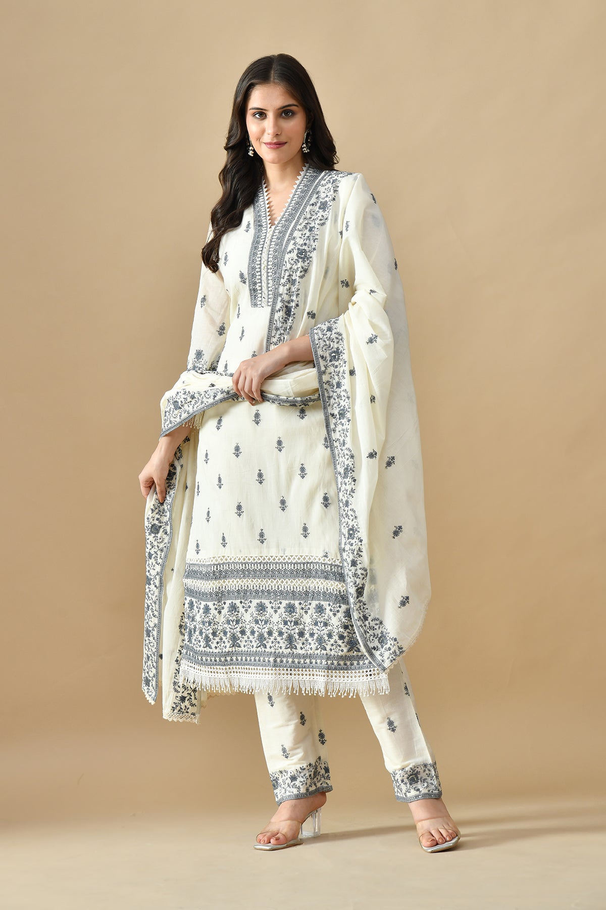 Cream Embroidered Kurta 3 Pcs Set