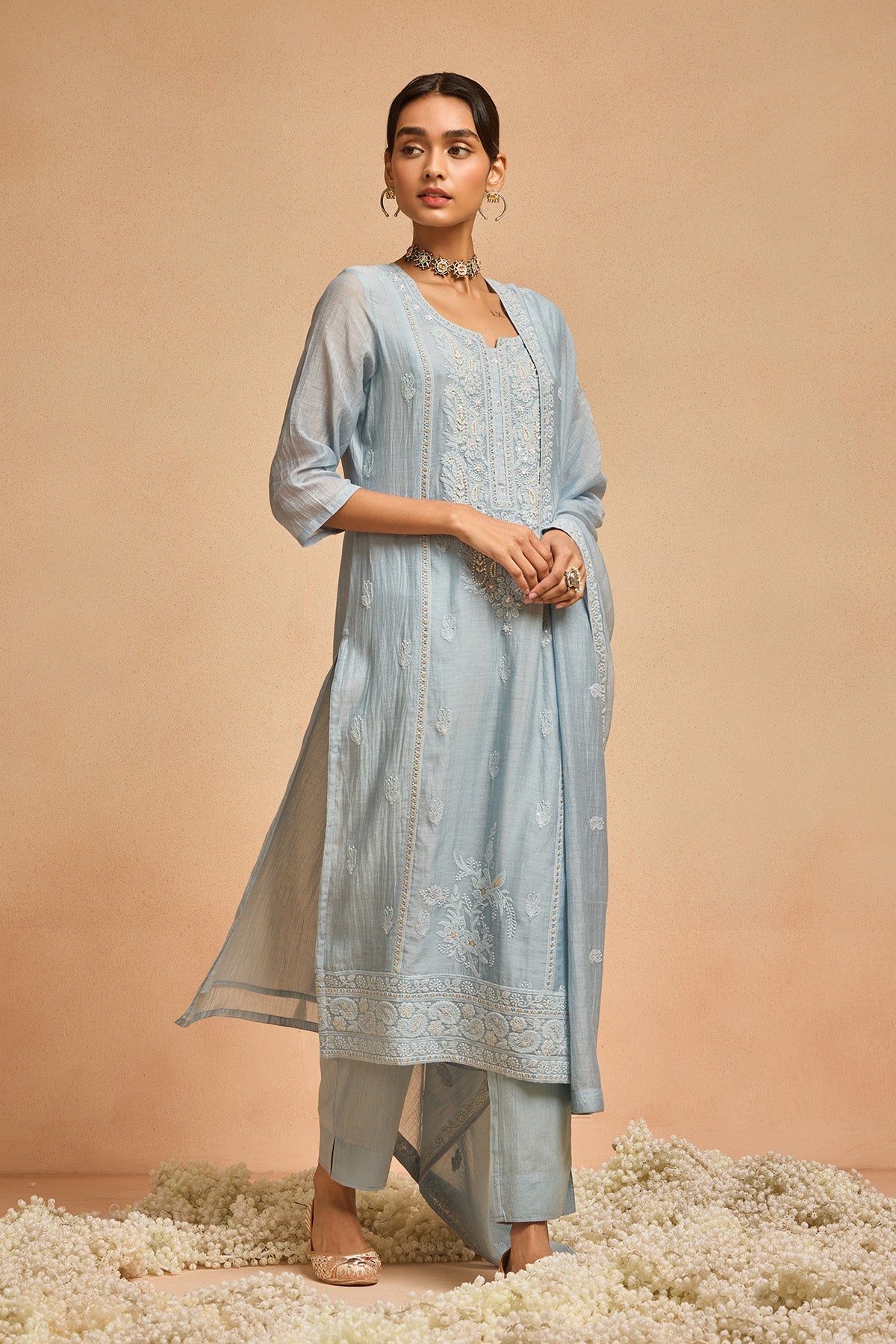 Blue Straight Kurta 3 Pcs Set