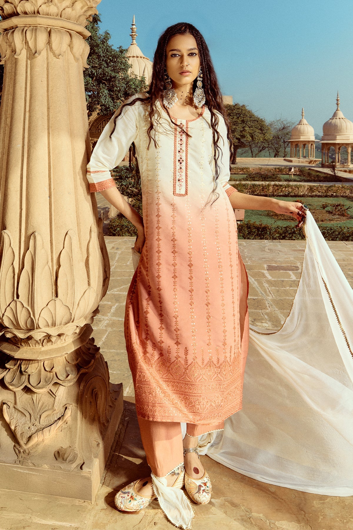 Cream Straight Kurta 3 Pcs Set