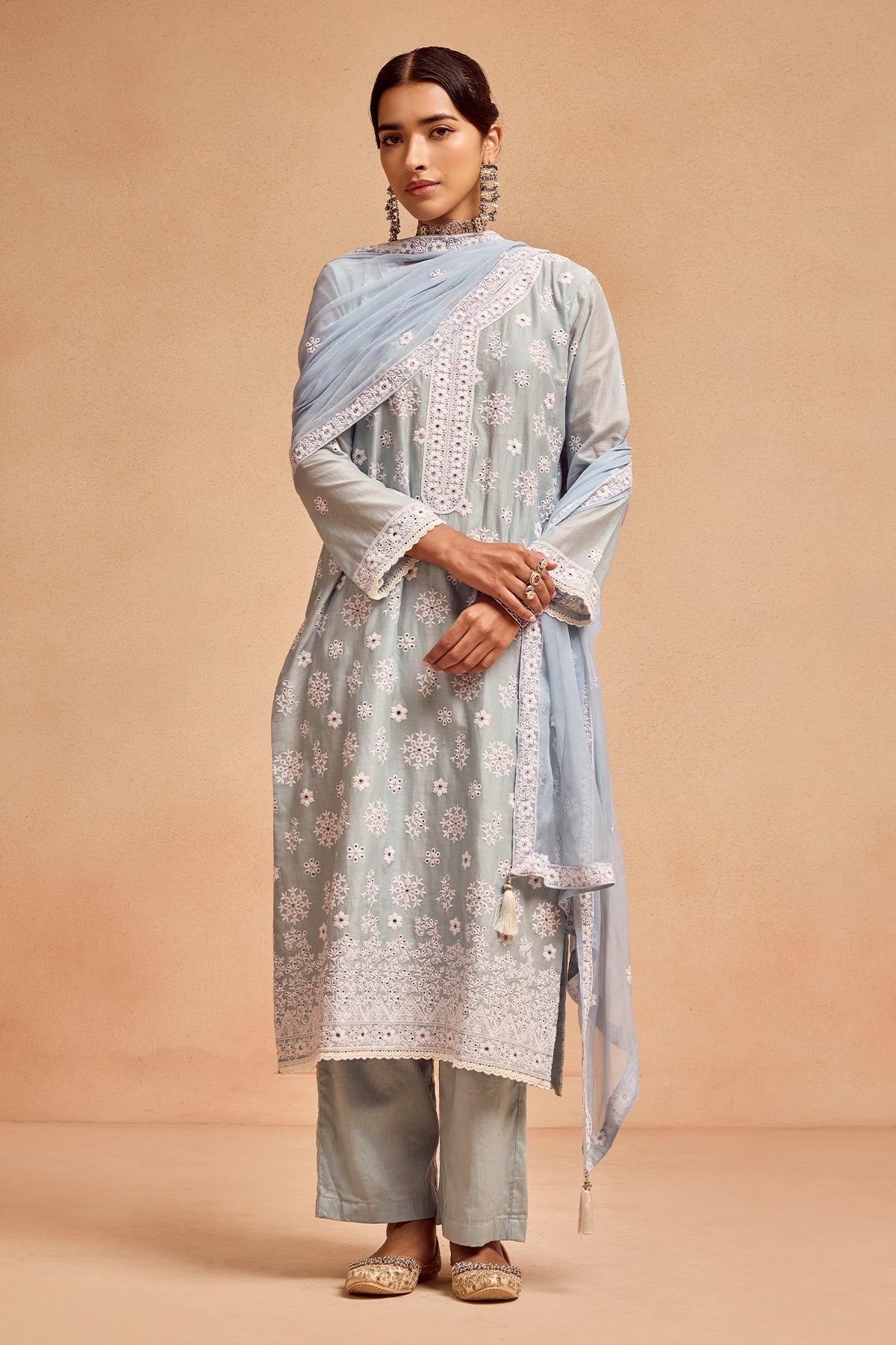 Blue Embroidered Kurta 3 Pcs Set