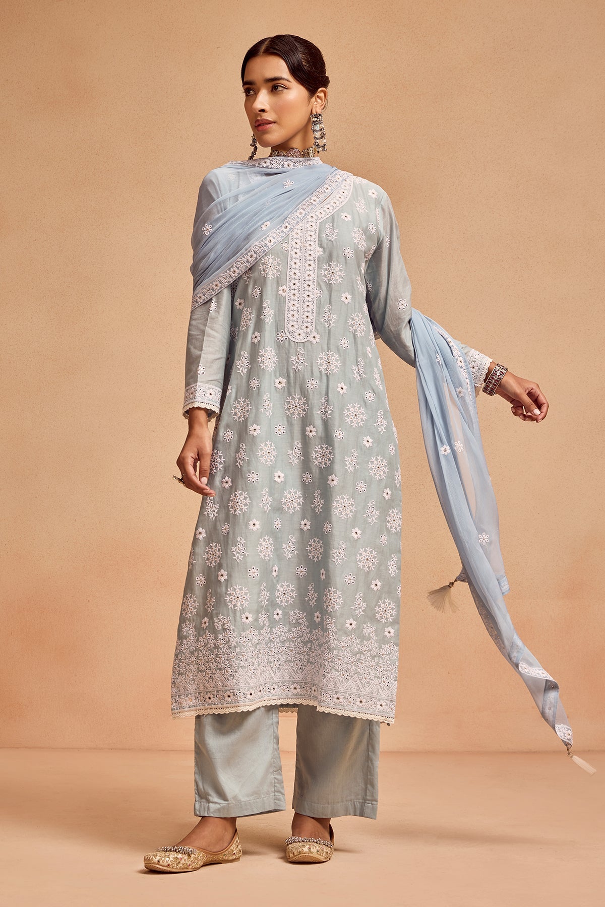 Blue Embroidered Kurta 3 Pcs Set