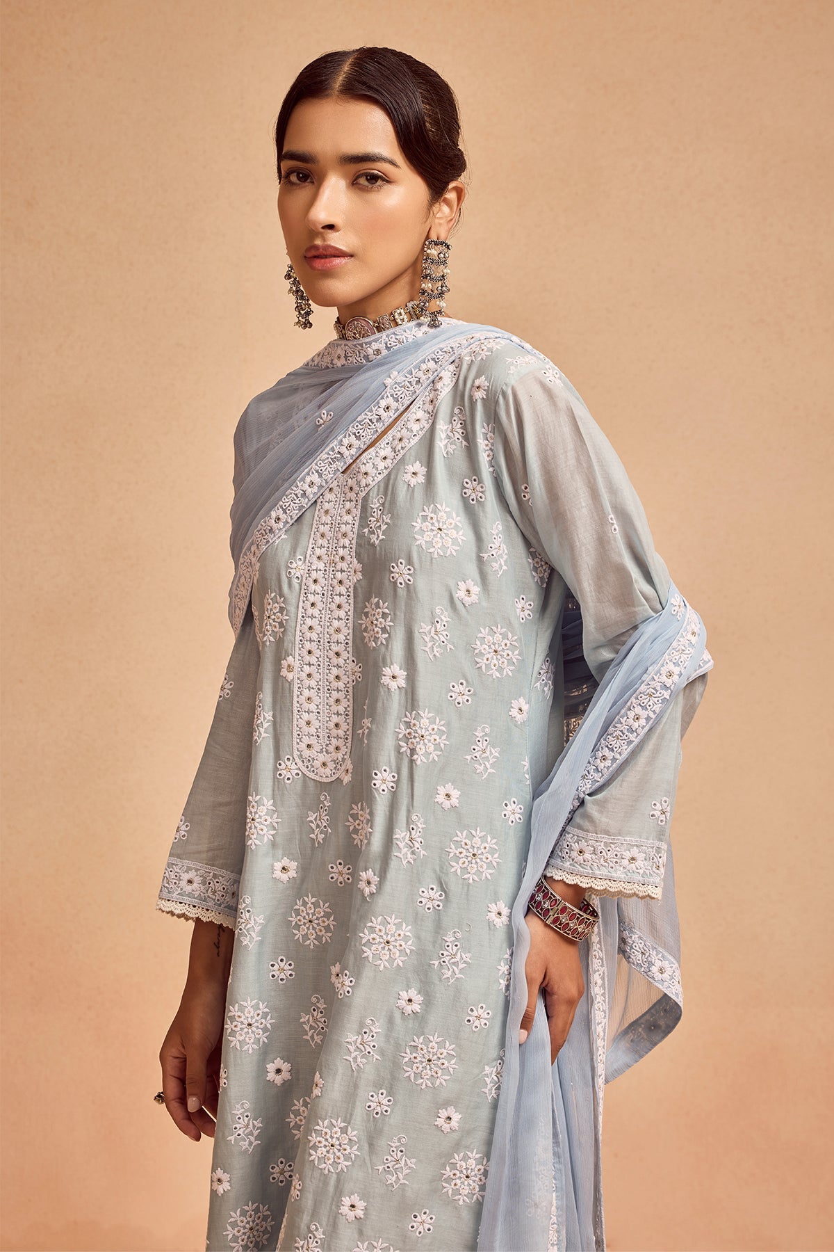 Blue Embroidered Kurta 3 Pcs Set