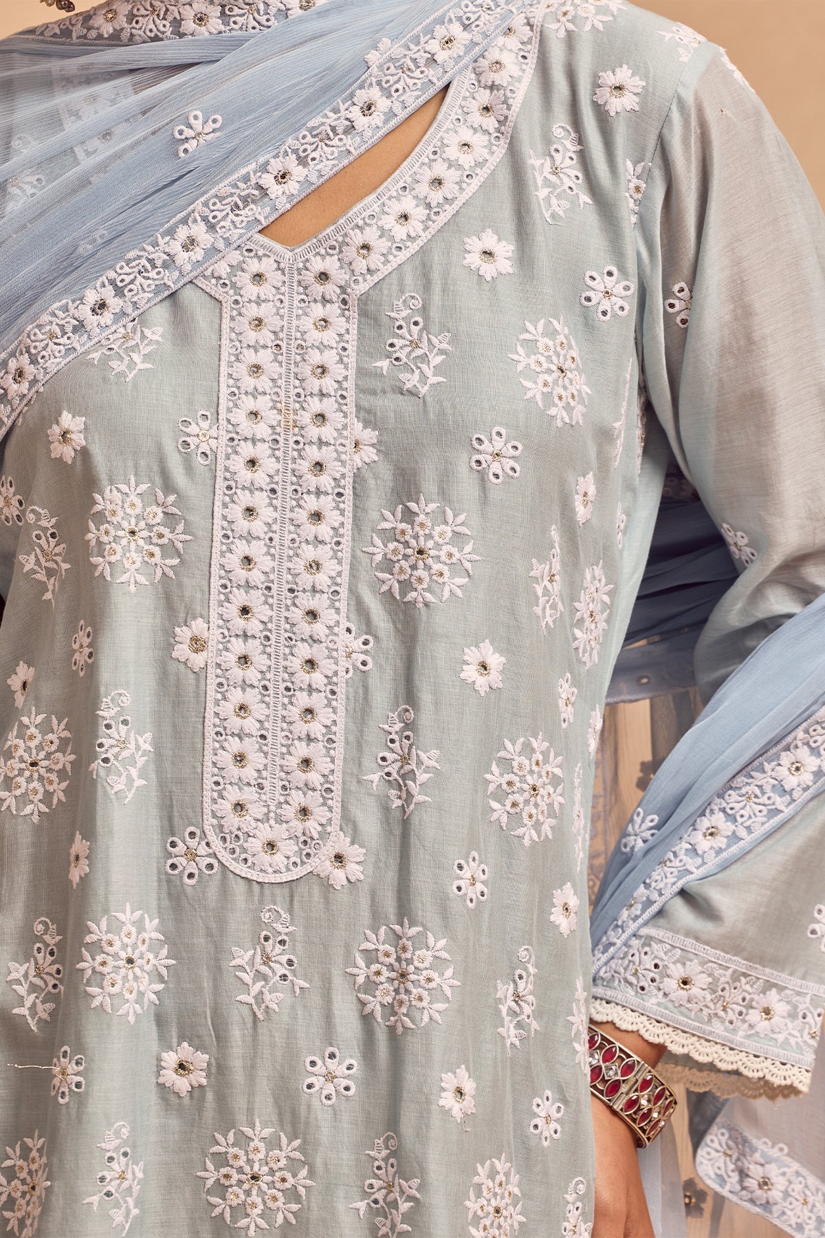Blue Embroidered Kurta 3 Pcs Set