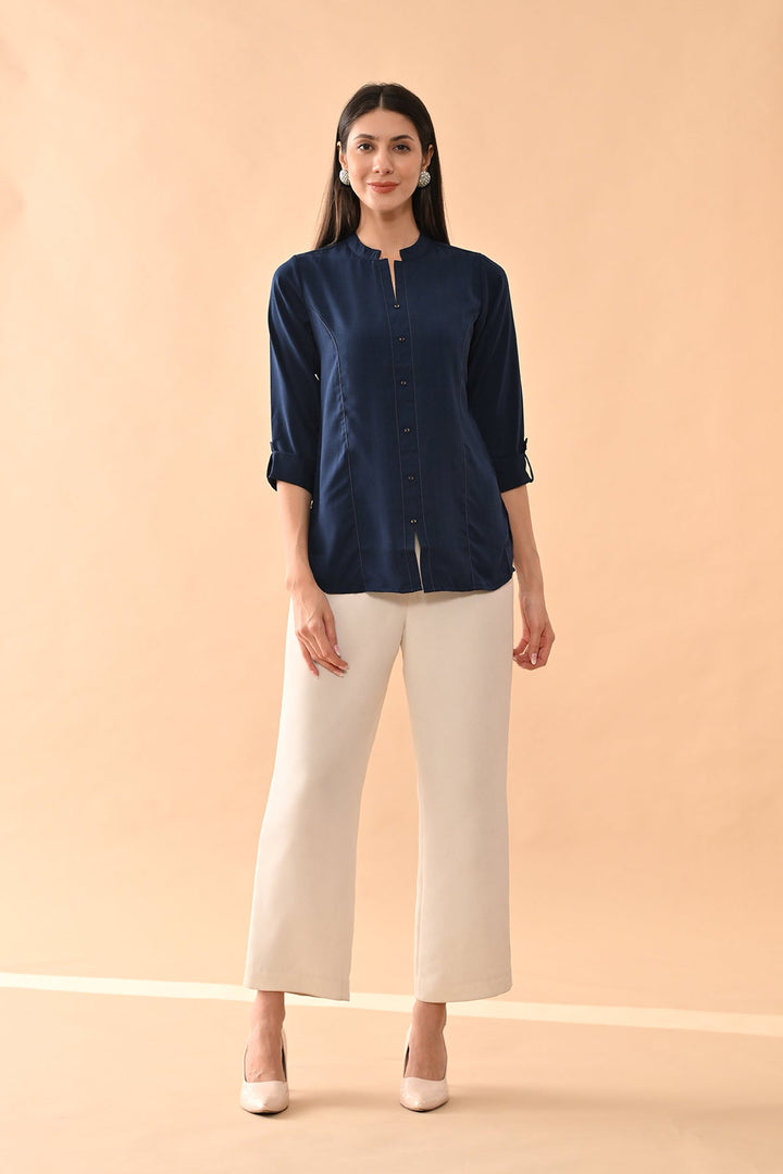 Blue Solid Straight Top