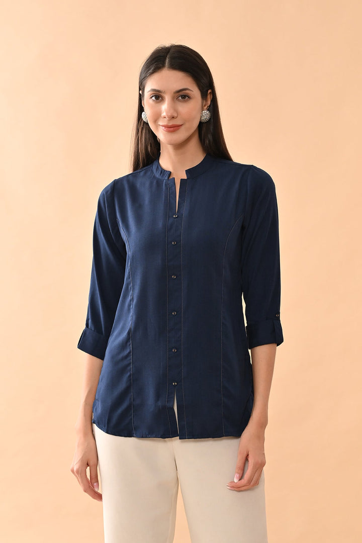 Blue Solid Straight Top
