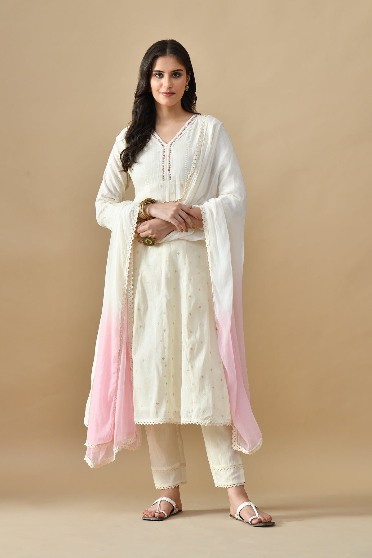 Cream Embroidered Kurta 3 Pcs Set