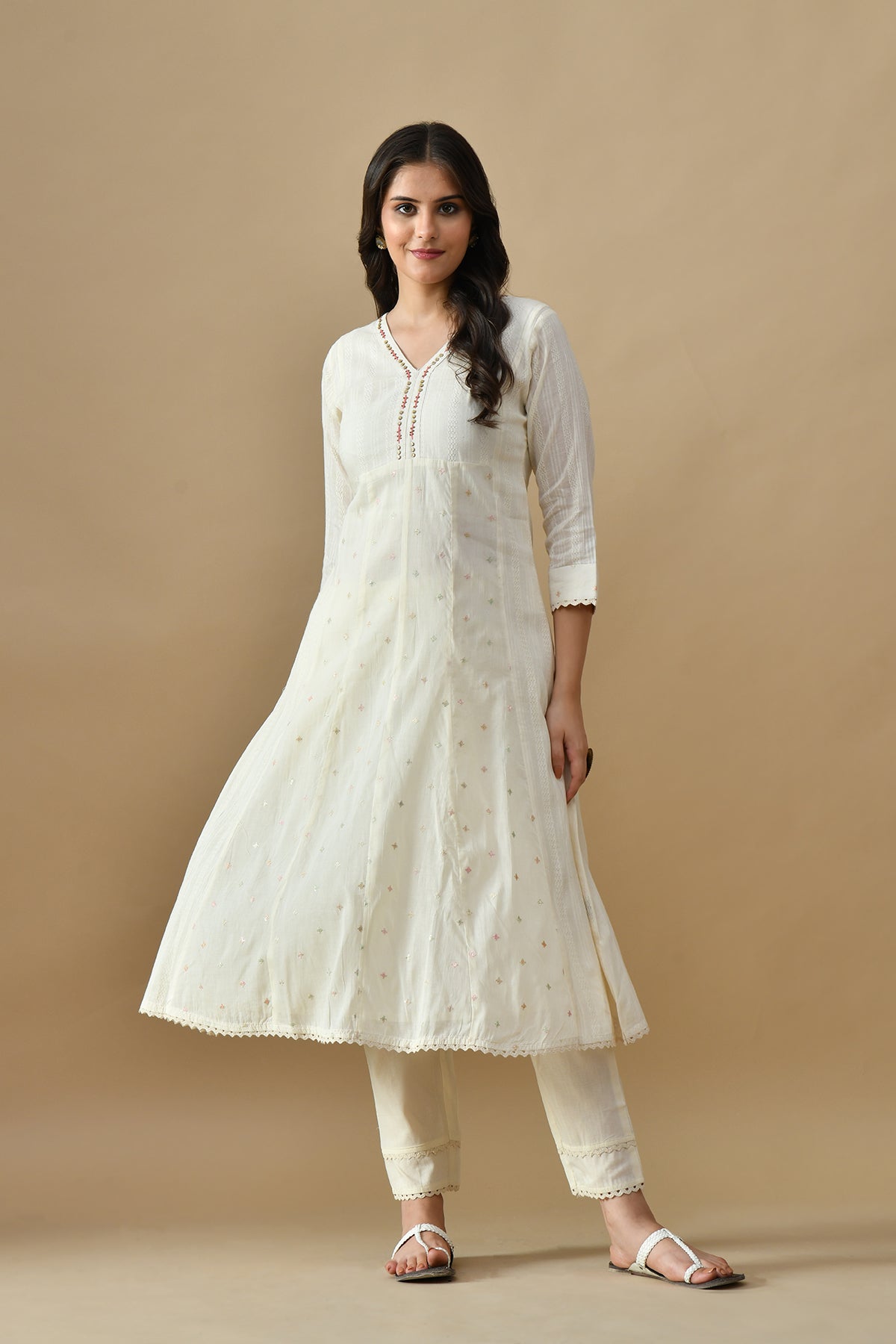 Cream Embroidered Kurta 3 Pcs Set