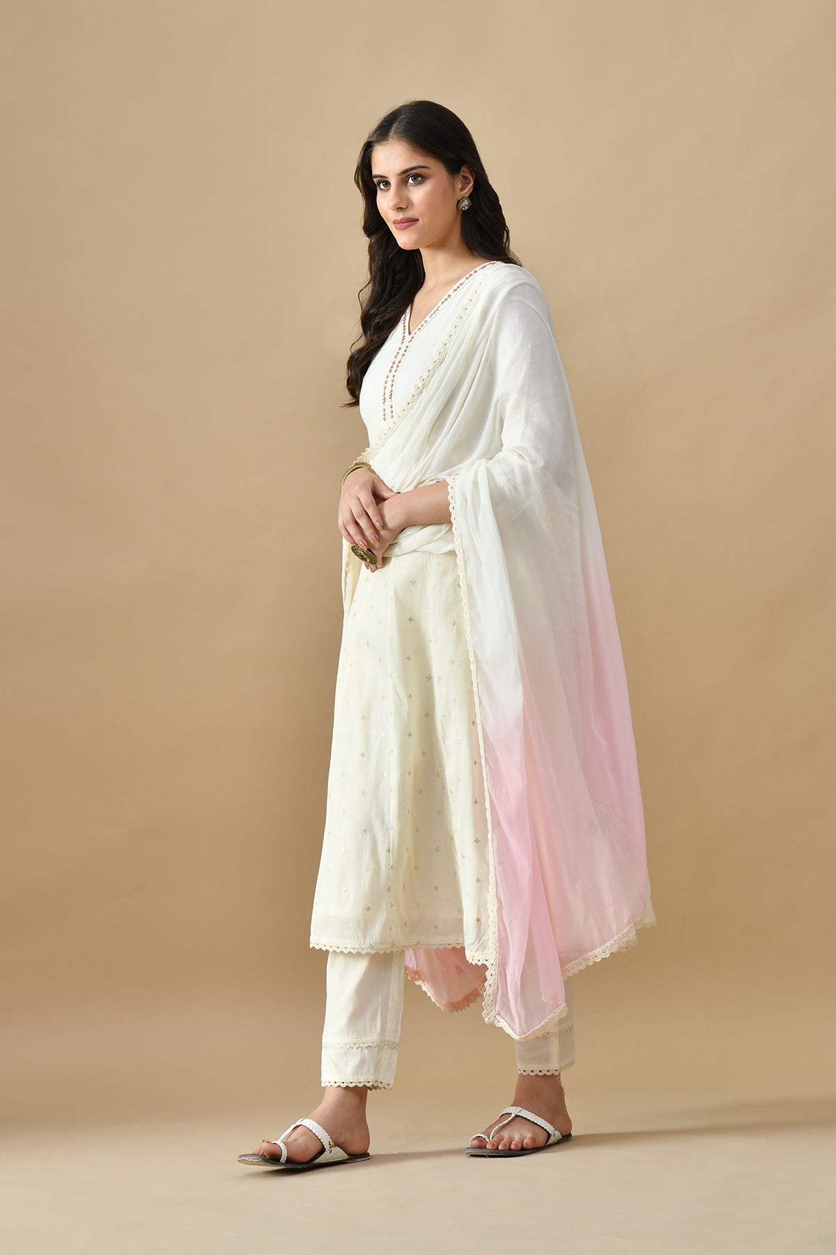 Cream Embroidered Kurta 3 Pcs Set