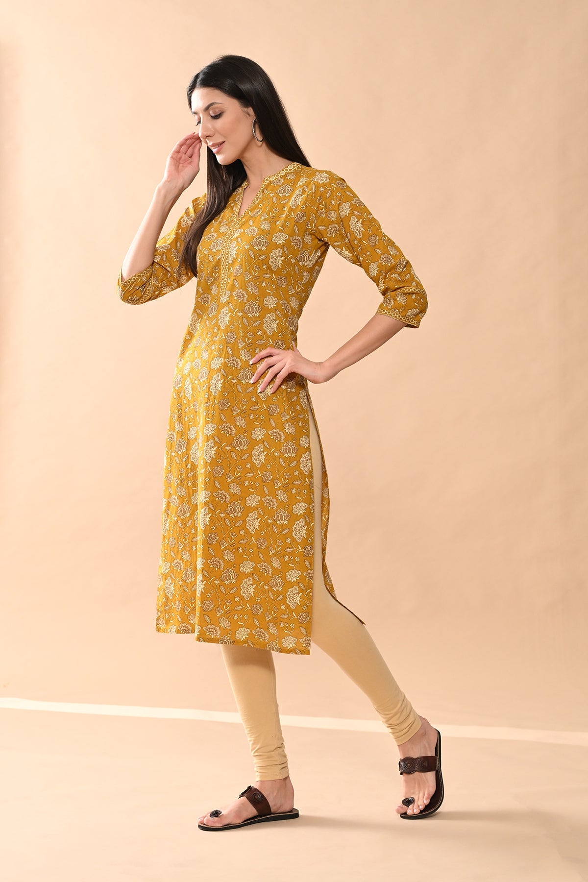 Mustard Floral Printed Kurta