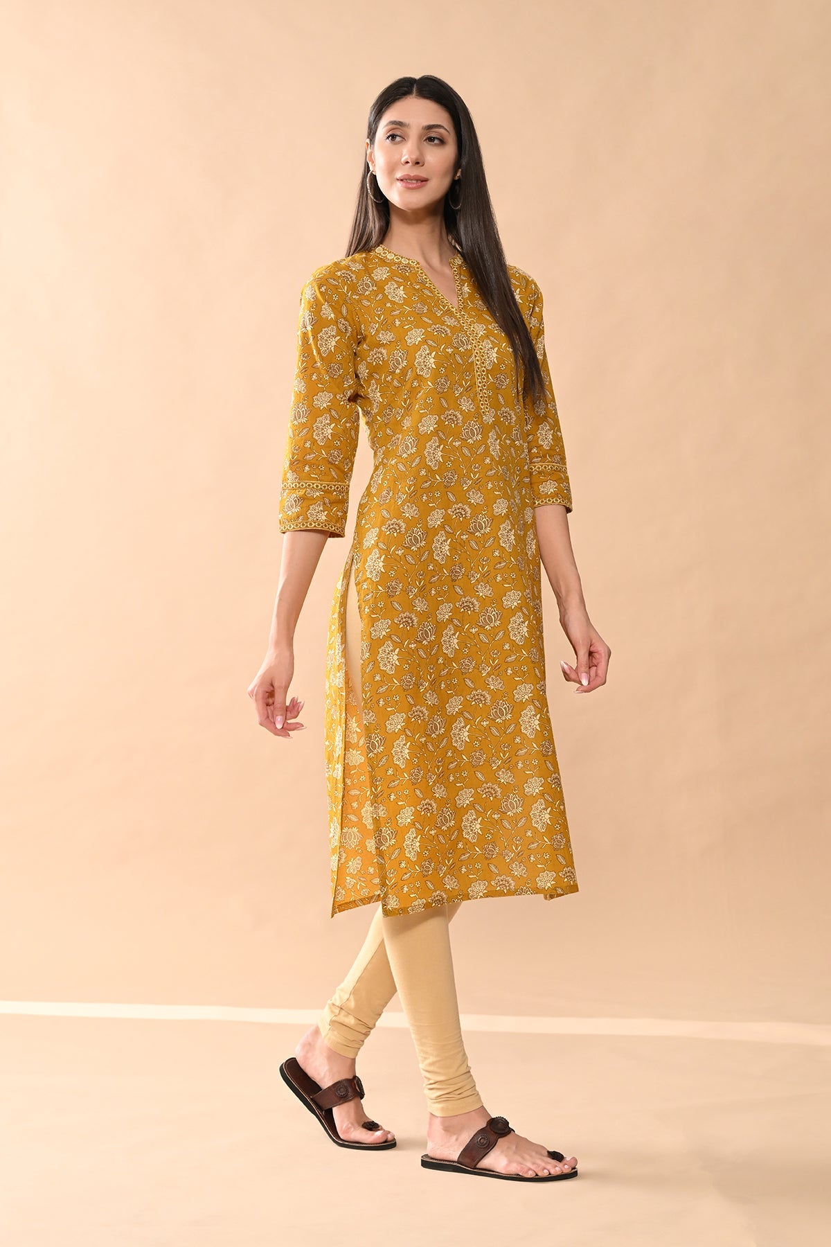 Mustard Floral Printed Kurta
