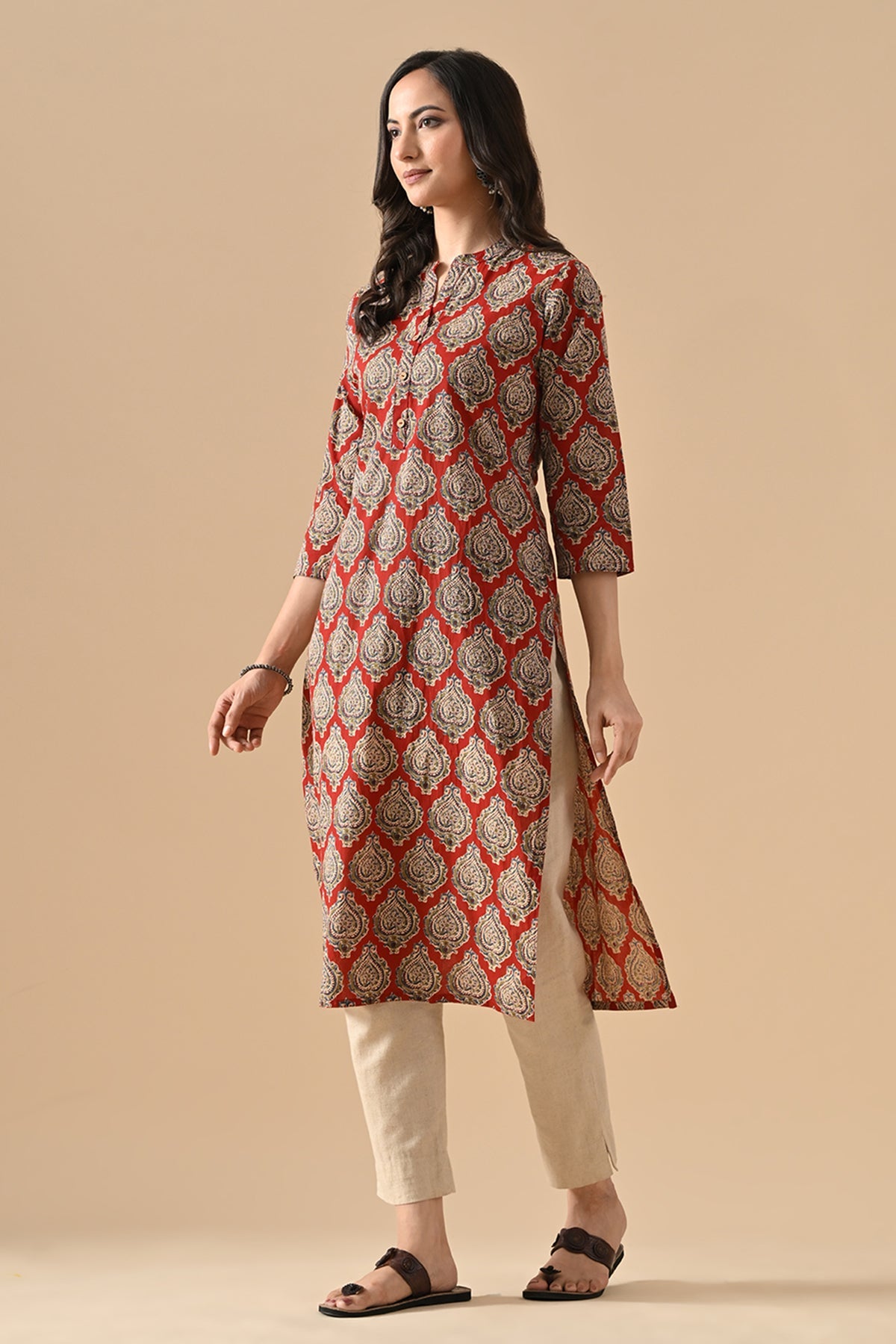 Maroon Printed Straight Kurta