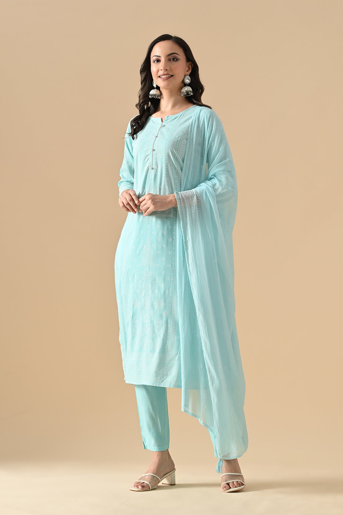 Blue Printed Kurta 3 Pcs Set