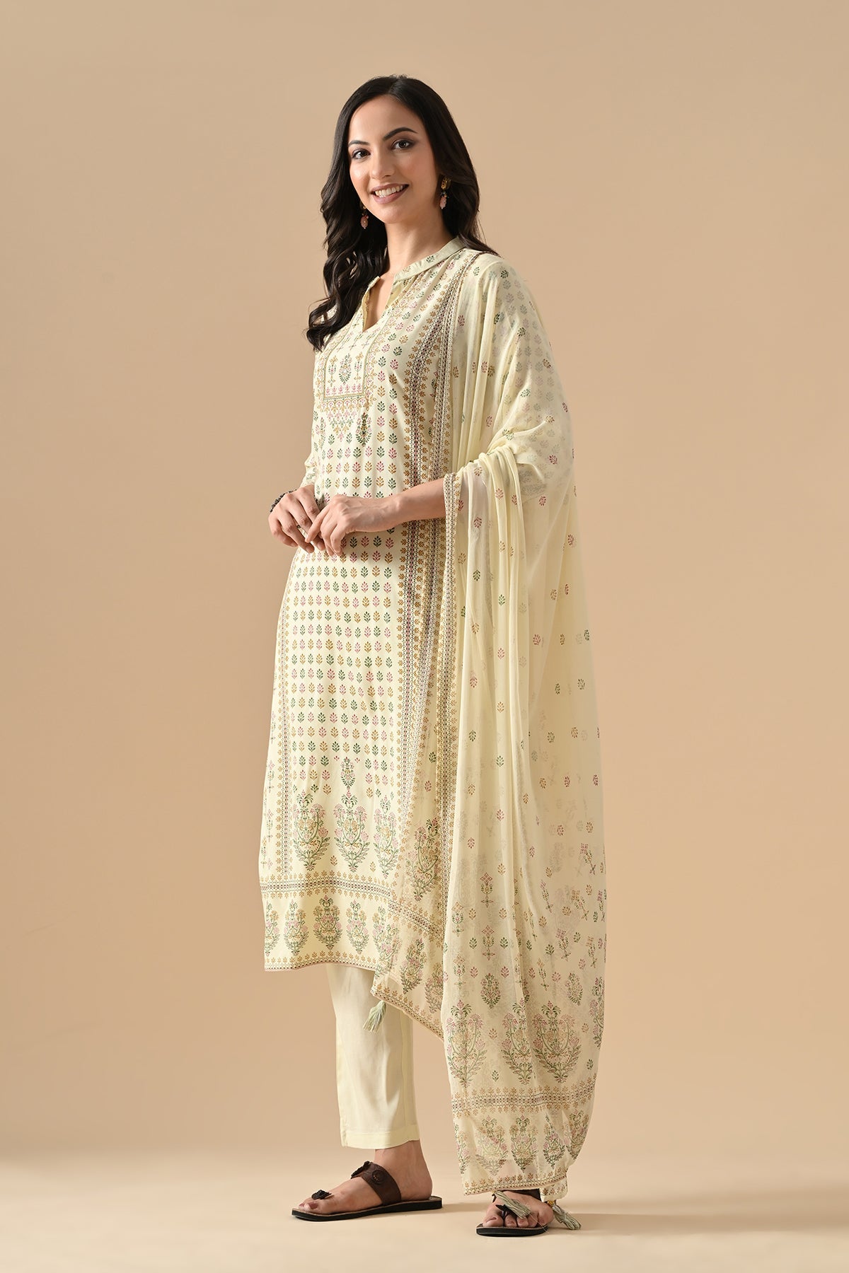 Cream Printed Kurta Set