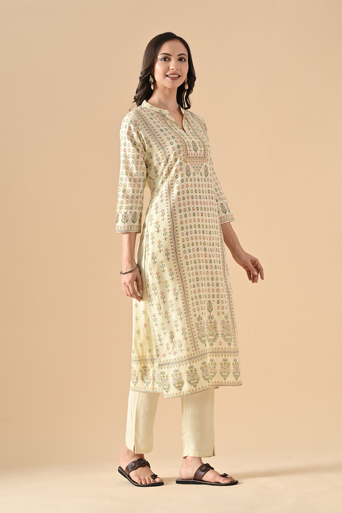 Cream Printed Kurta Set