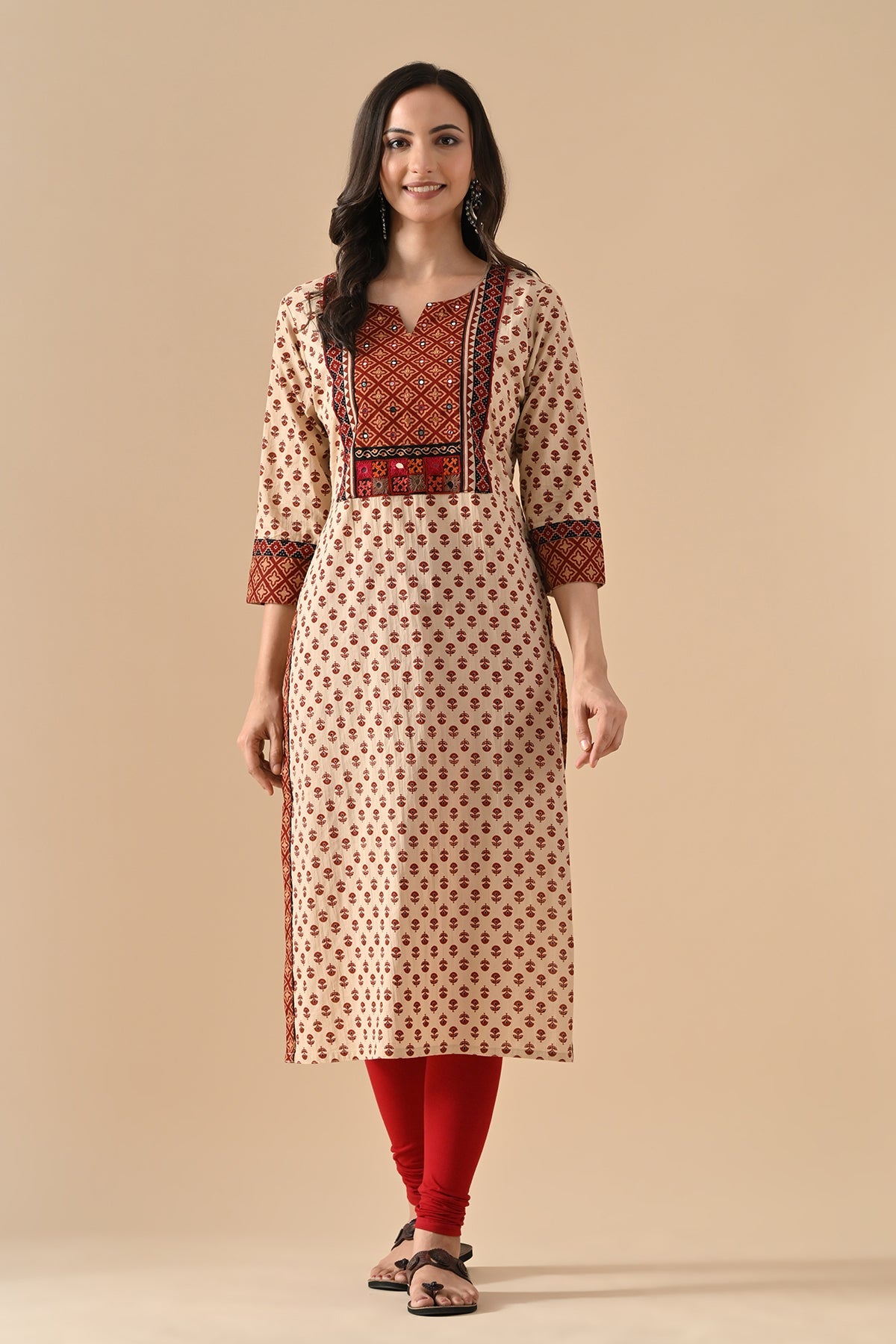 Beige Printed Straight Kurta