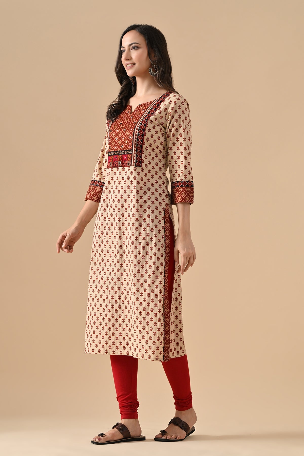 Beige Printed Straight Kurta